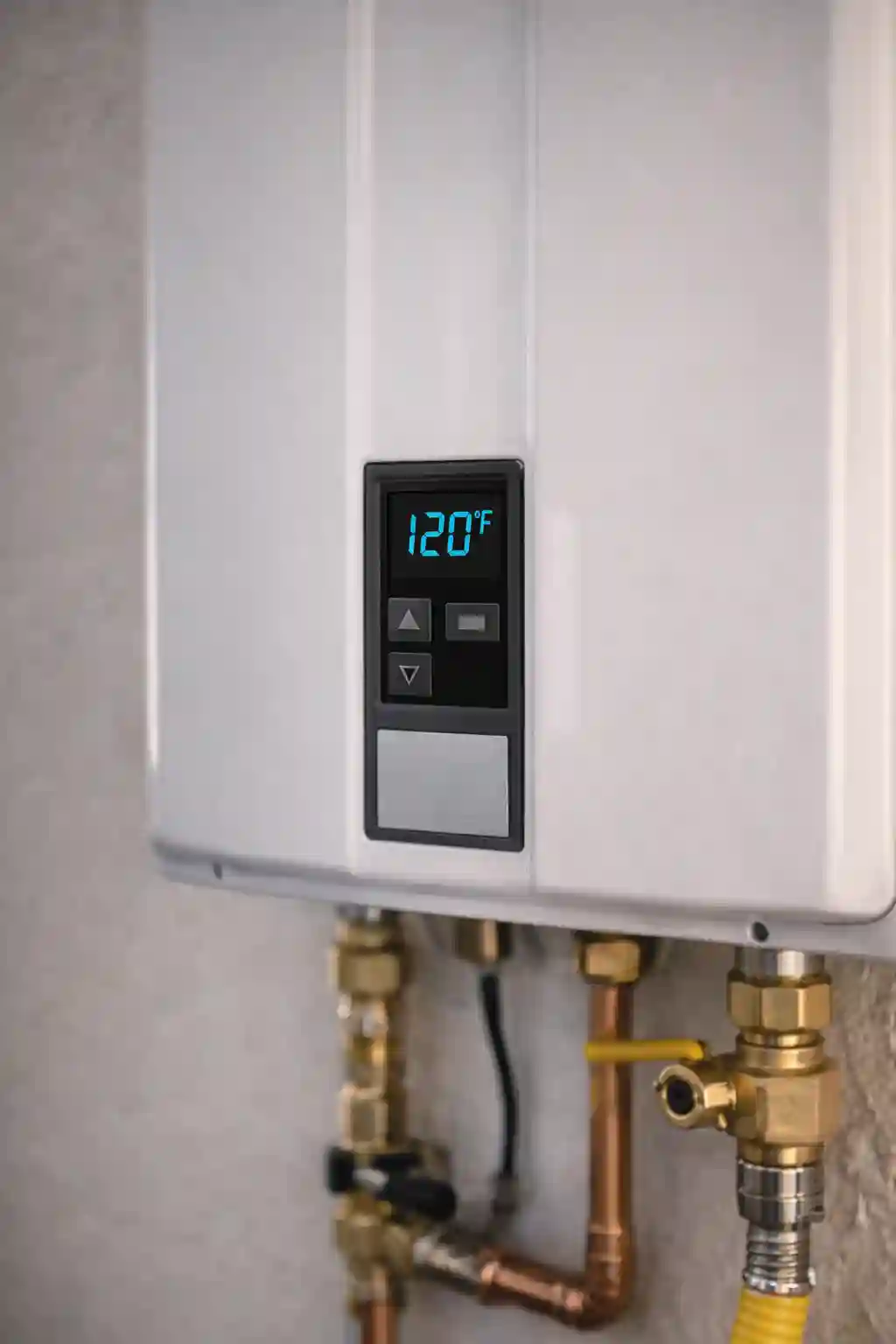 Digital temperature display on a tankless water heater showing inconsistent output