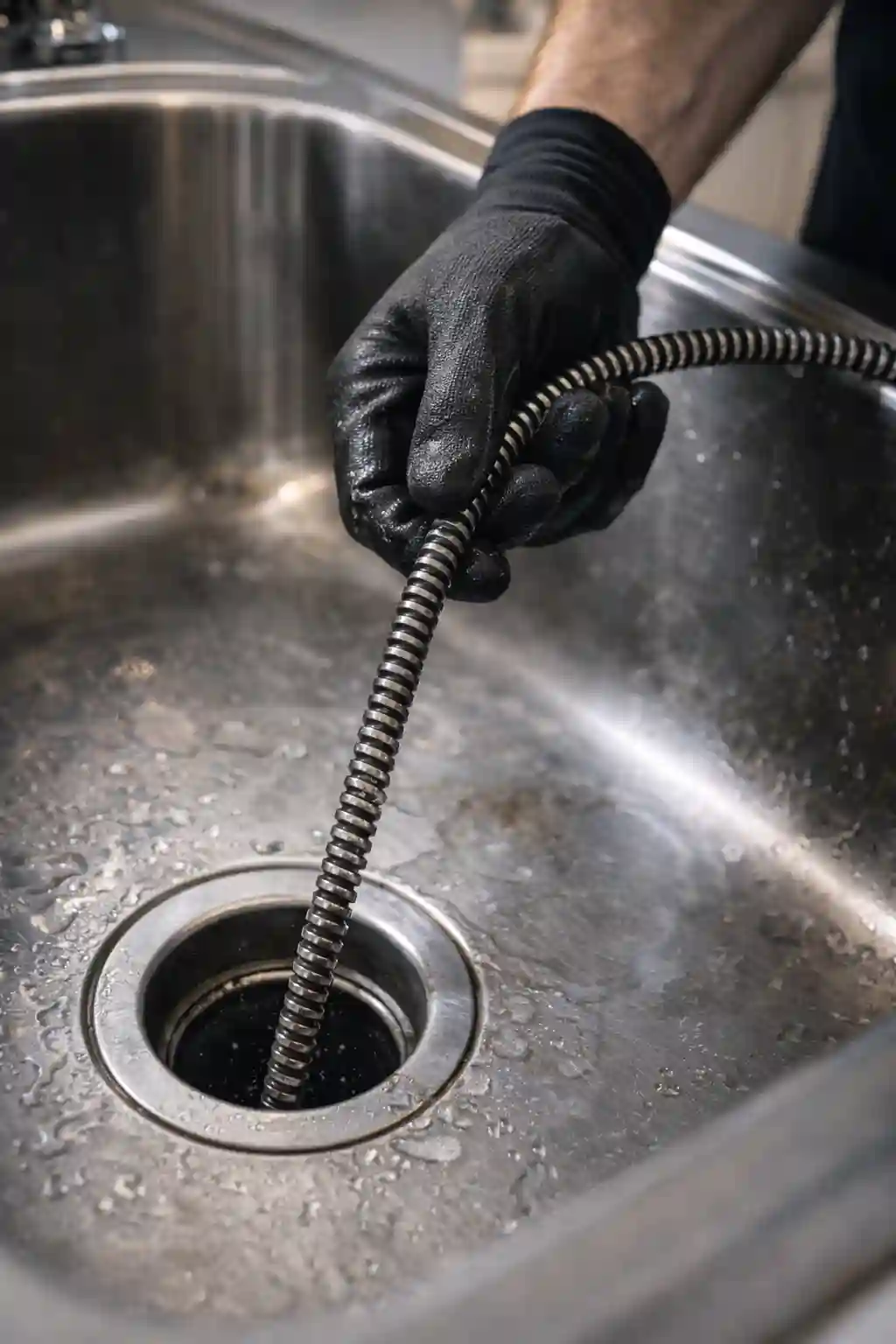 Drain cleaning cable clearing a clogged kitchen sink drain