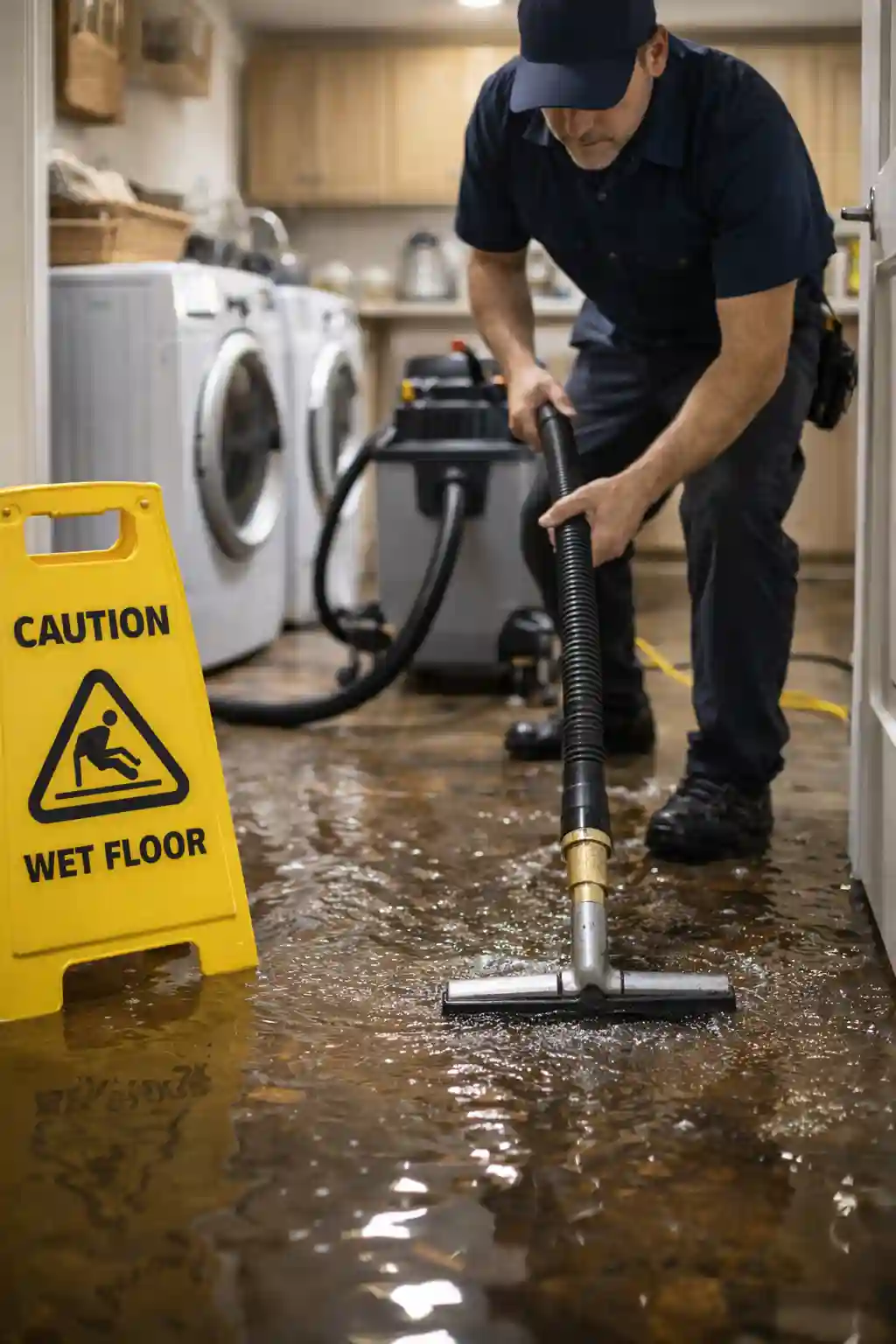 Emergency plumber removing standing water from a flooded laundry room
