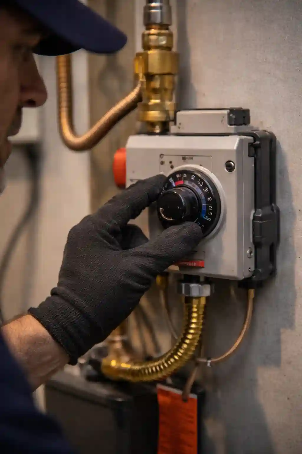 Plumber adjusting temperature control settings on a water heater