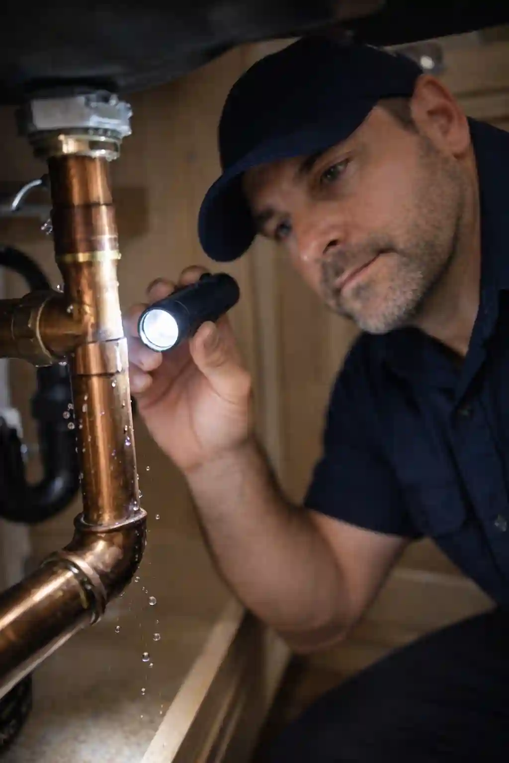 Plumber inspecting a leaking pipe connection under a Sonoma kitchen sink