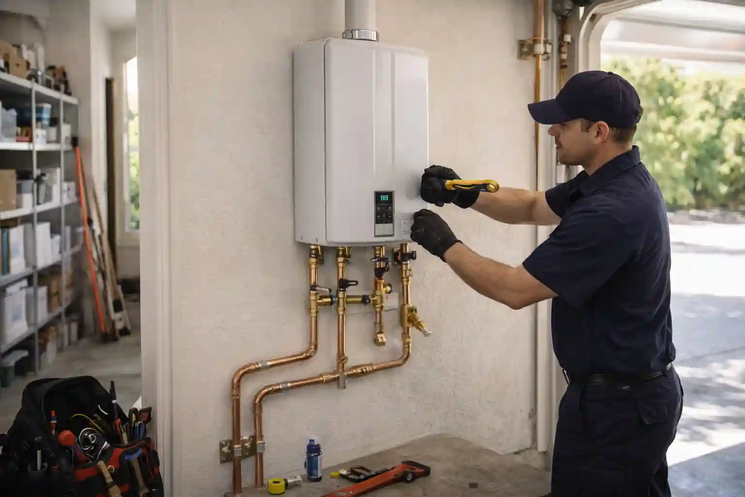 Plumber installing a wall-mounted tankless water heater in a Sonoma home