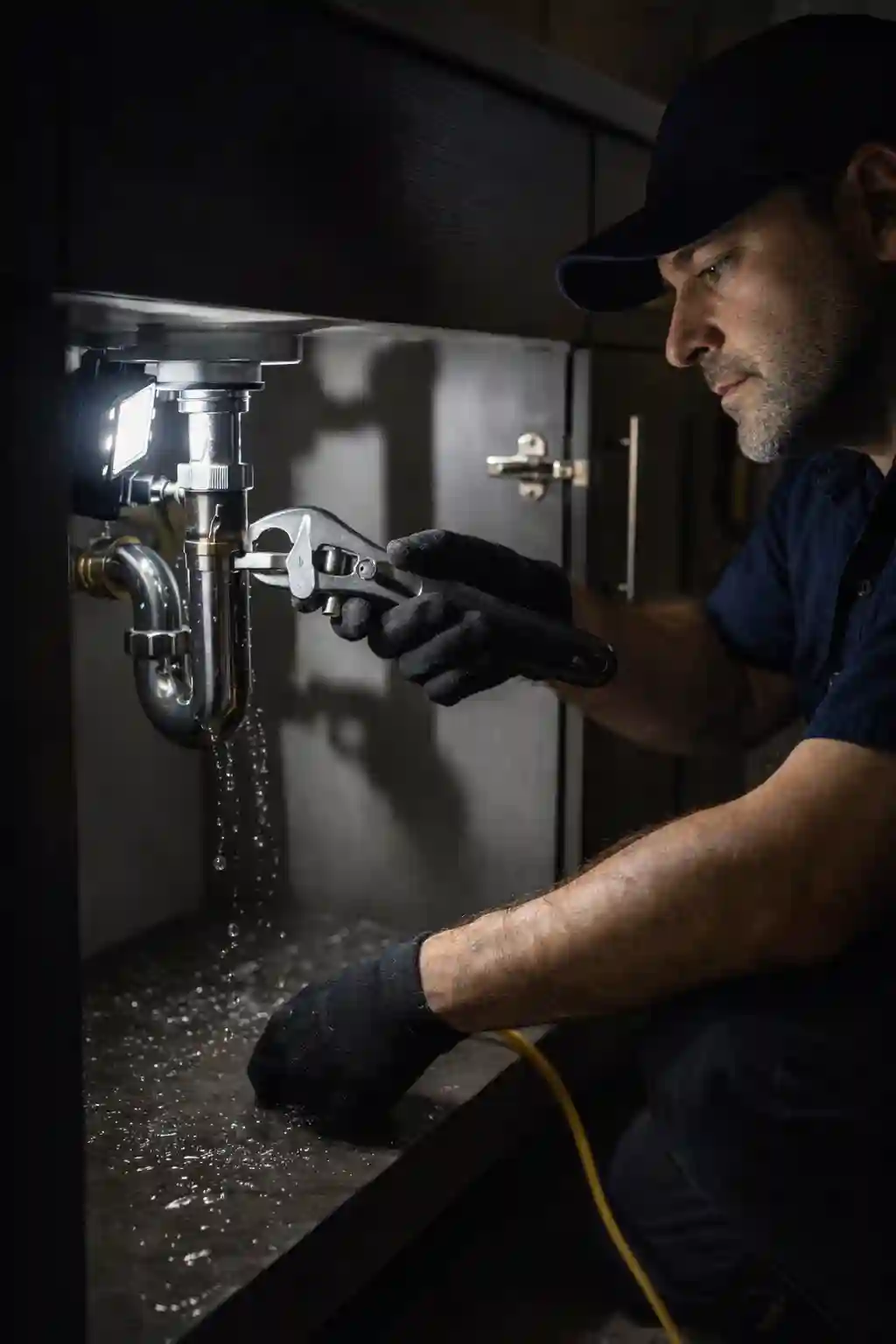 Plumber performing a nighttime emergency repair under a bathroom sink