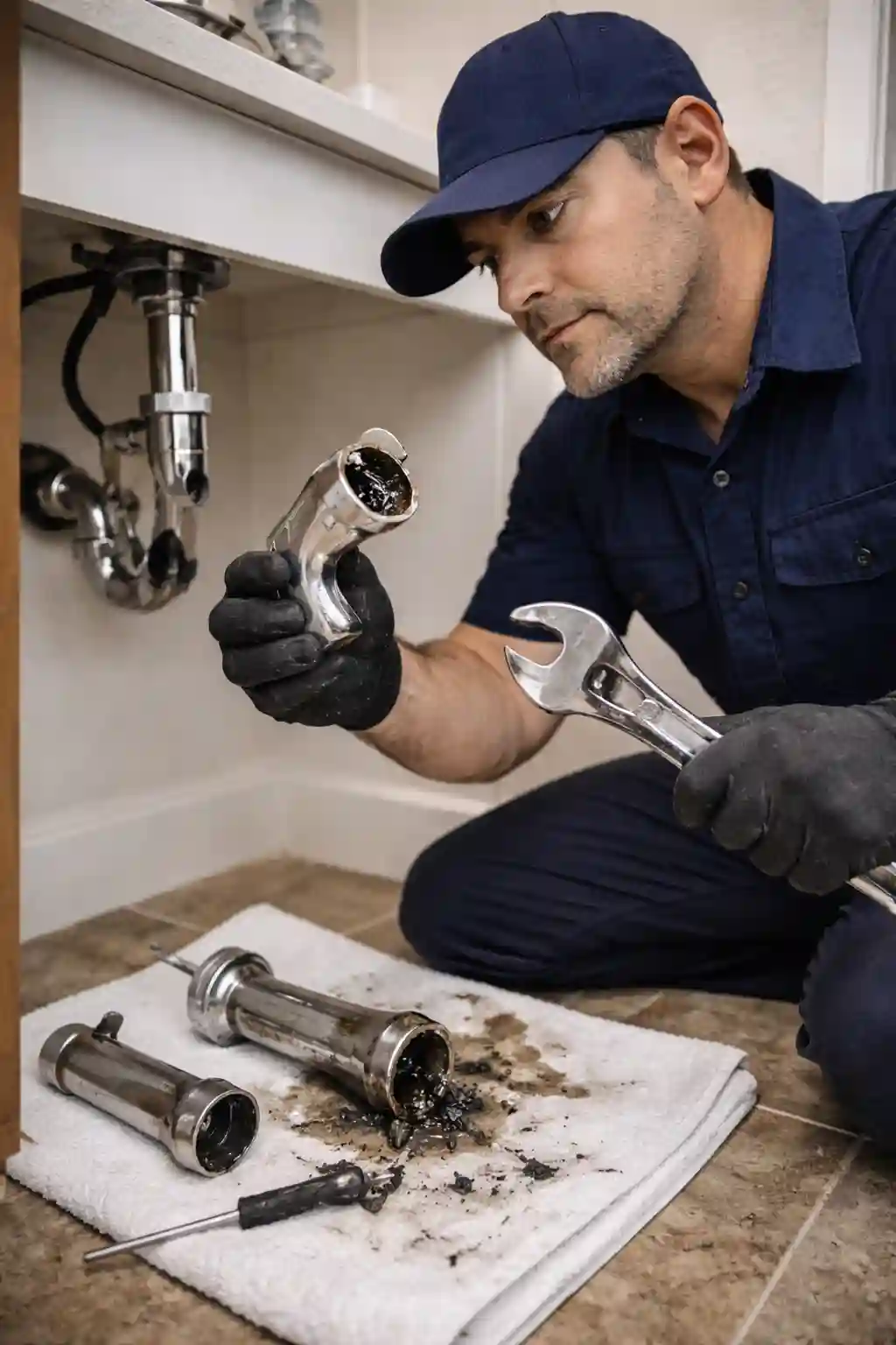 Plumber removing a P-trap to clear a bathroom drain clog