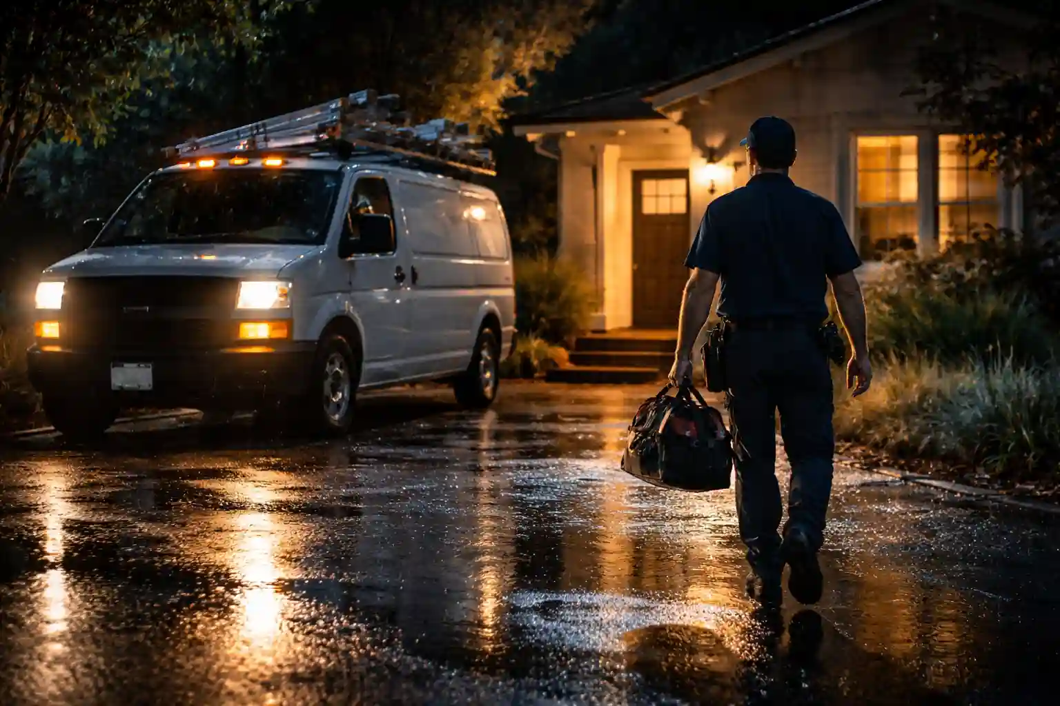 Plumber repairing a burst water pipe during an emergency service call in Sonoma