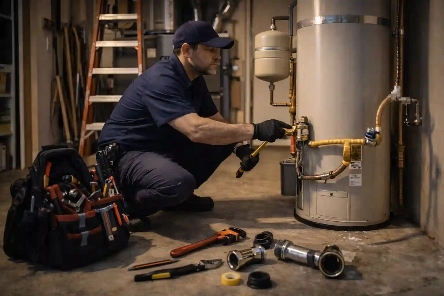 Plumber repairing a residential tank water heater in a Sonoma garage