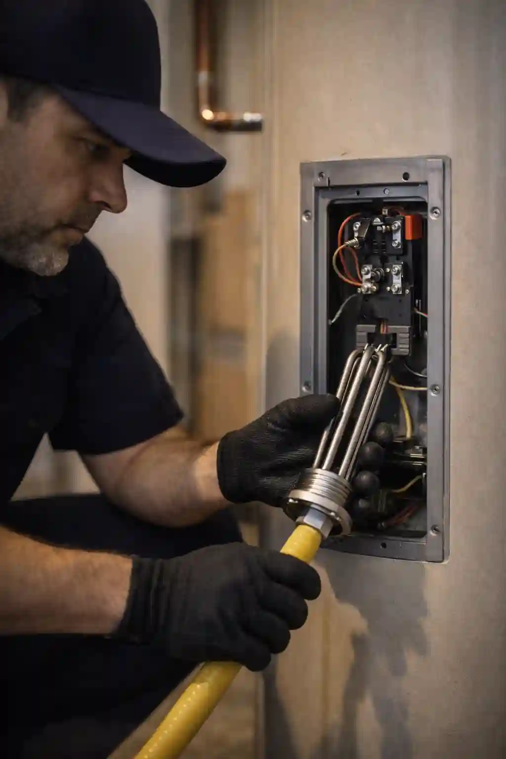Plumber replacing a heating element in a residential tank water heater