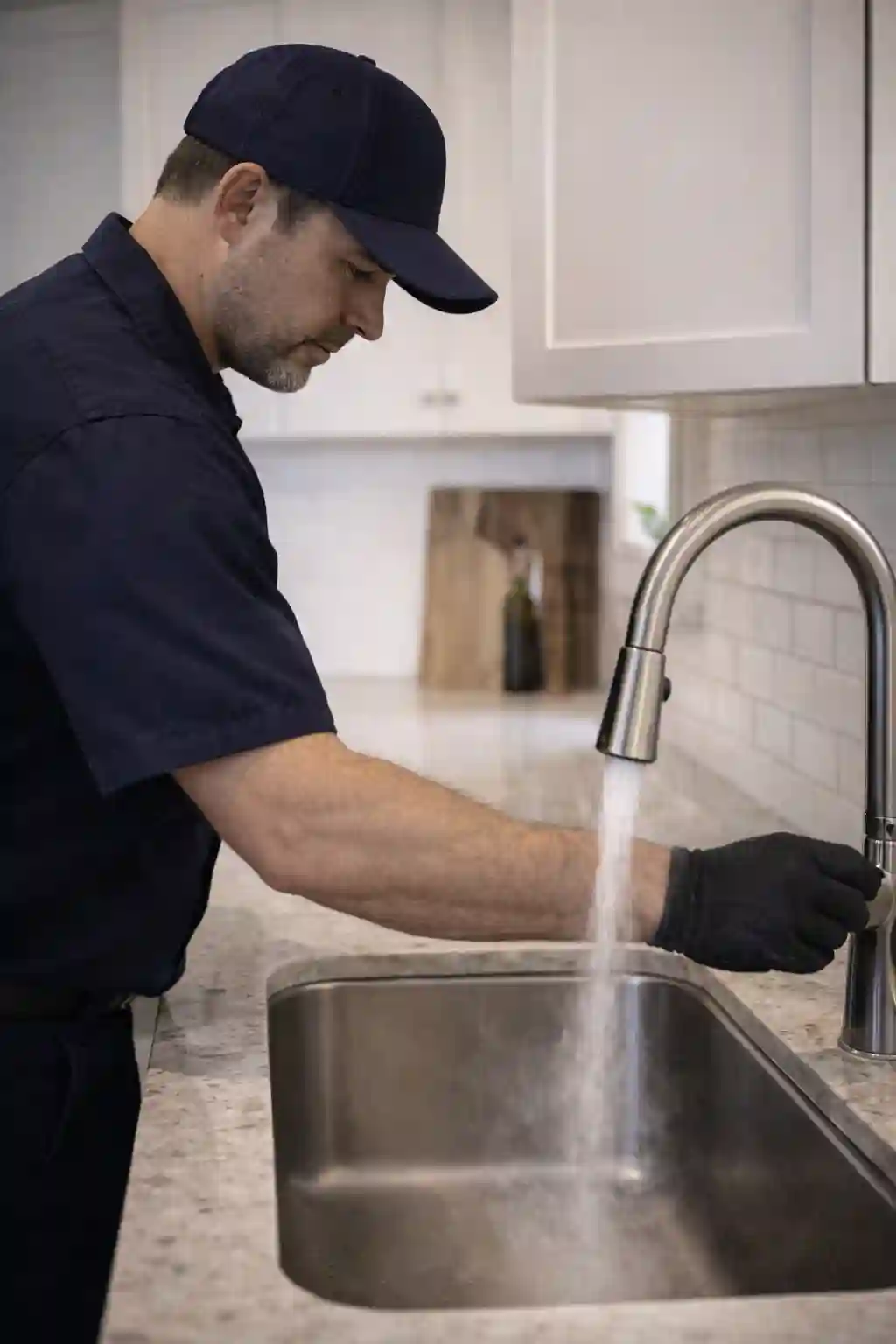 Plumber testing hot water after a tankless heater installation in Sonoma