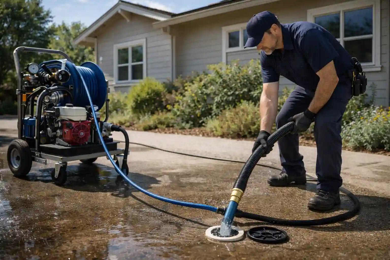 Plumber using a hydro jet machine for drain cleaning in Sonoma