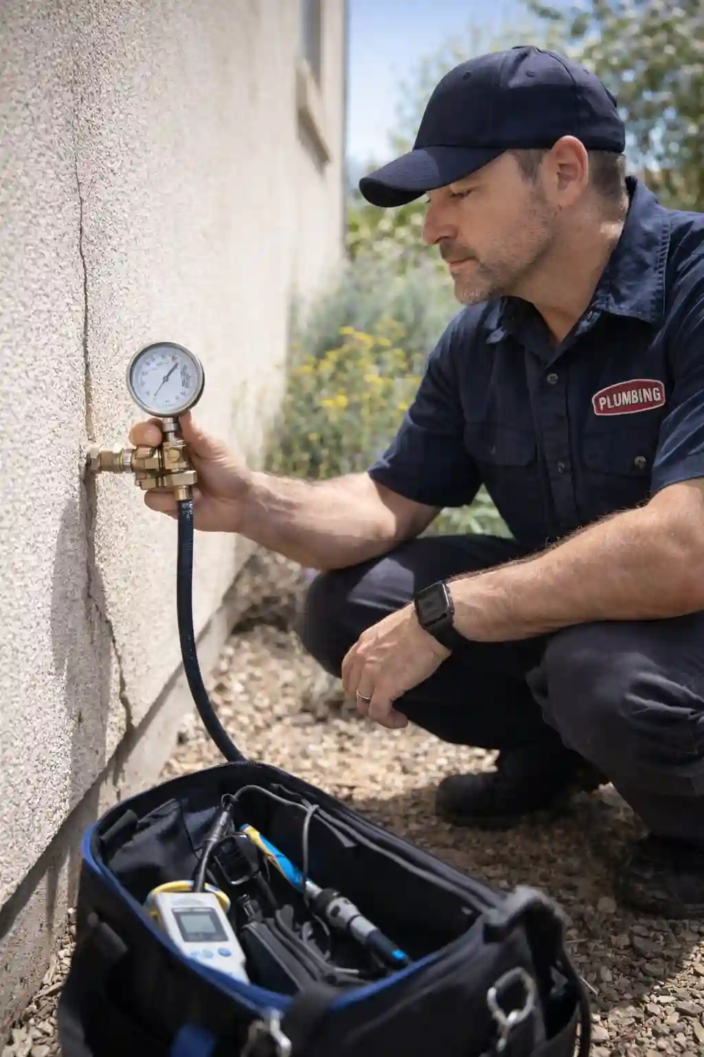 Plumber using a pressure gauge for exterior water leak detection in Sonoma