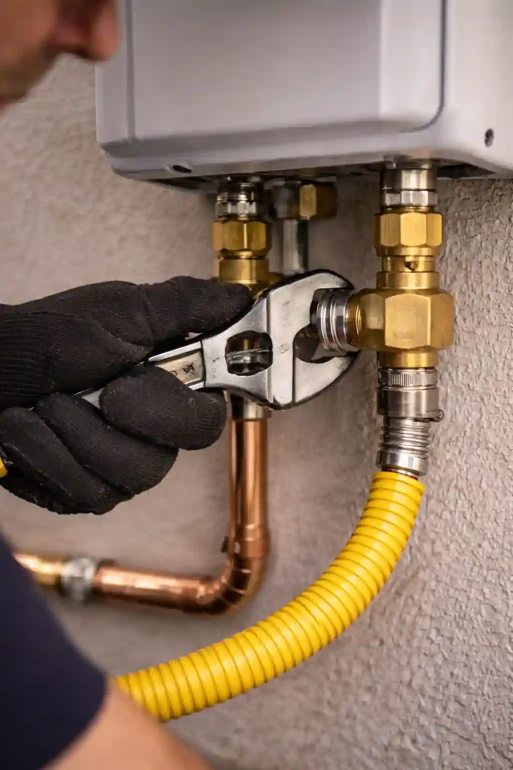 Technician connecting a gas line to a tankless water heater unit