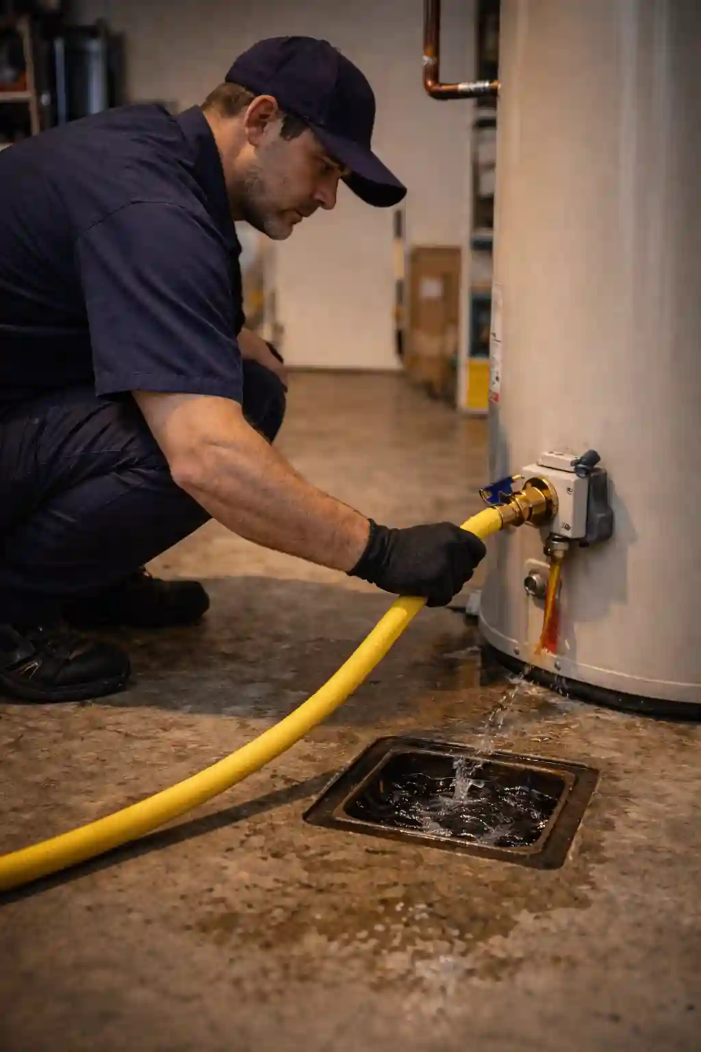 Technician draining a tank water heater during a maintenance service in Sonoma