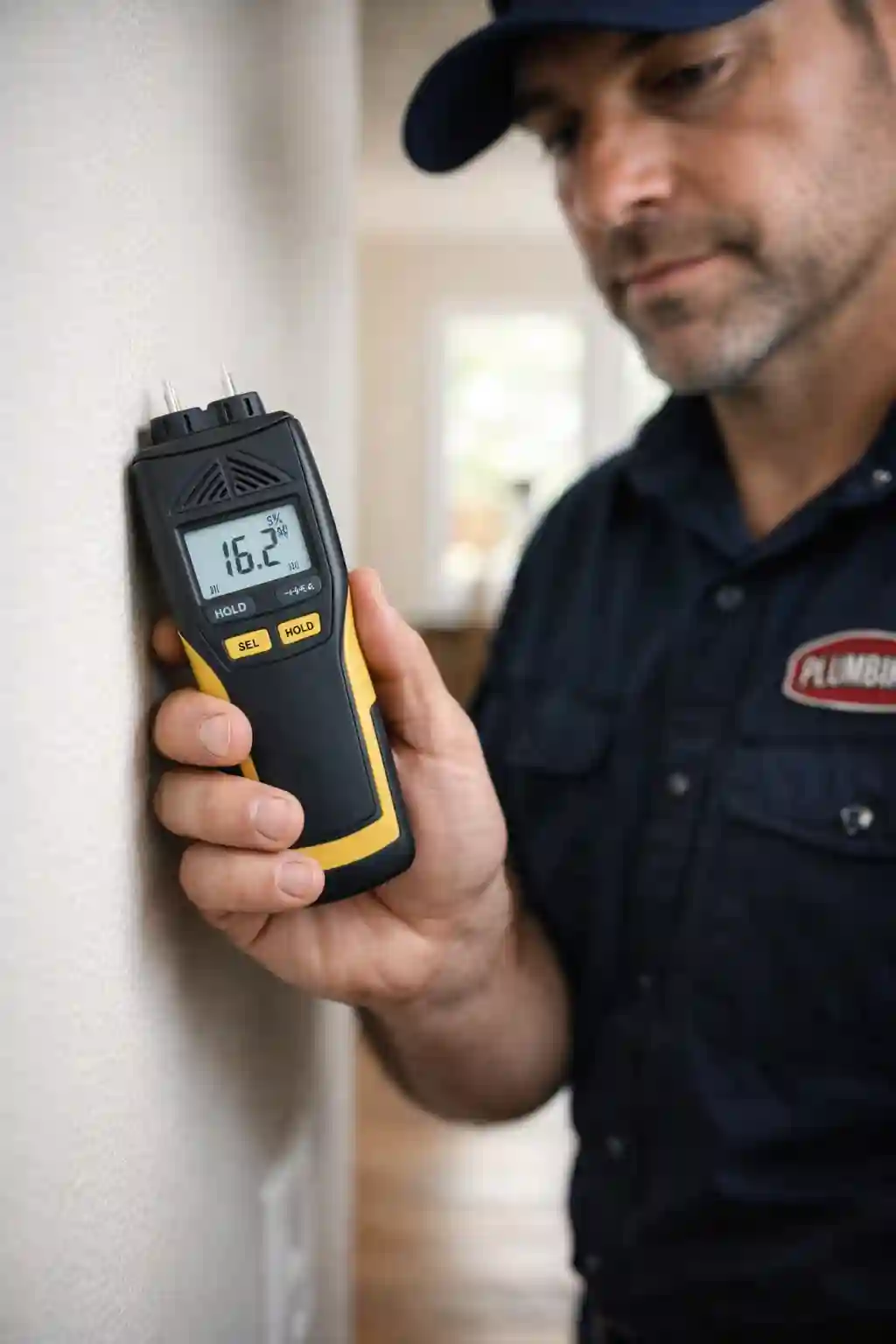 Technician using a digital moisture meter to detect a hidden water leak inside a wall