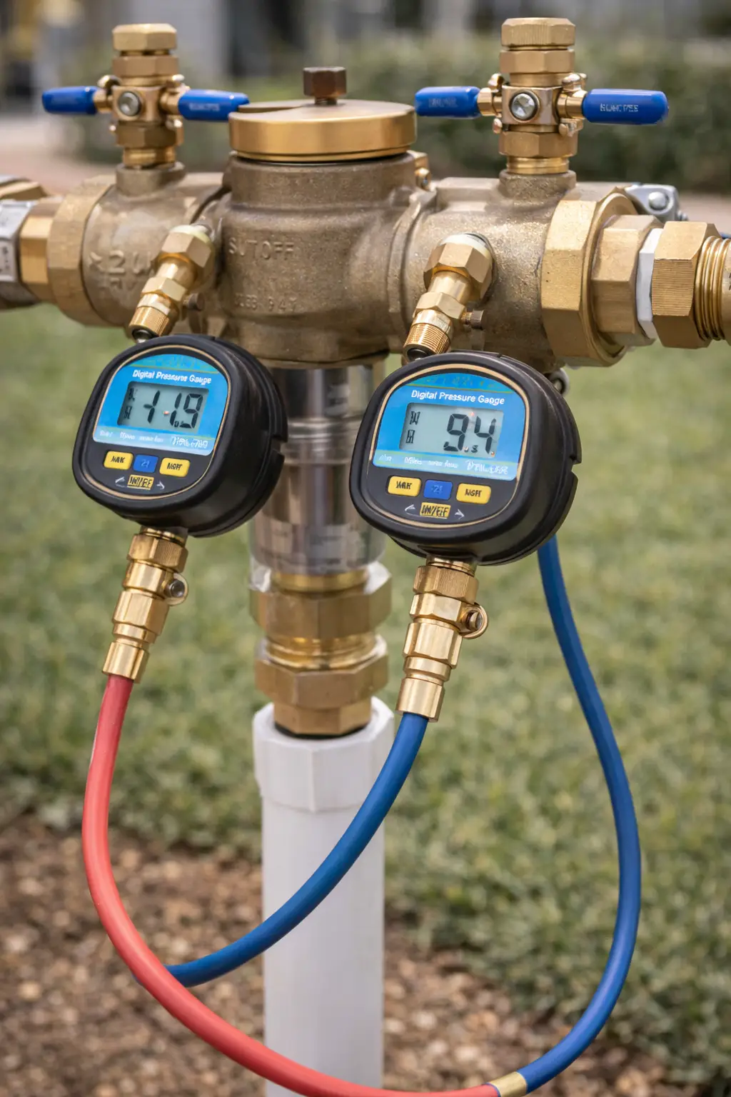 Backflow testing gauges connected to preventer assembly