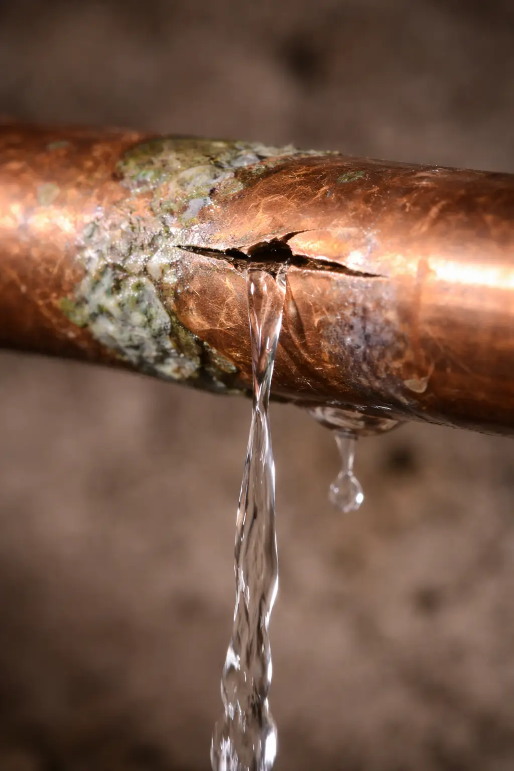 Close-up of a cracked copper pipe leaking water