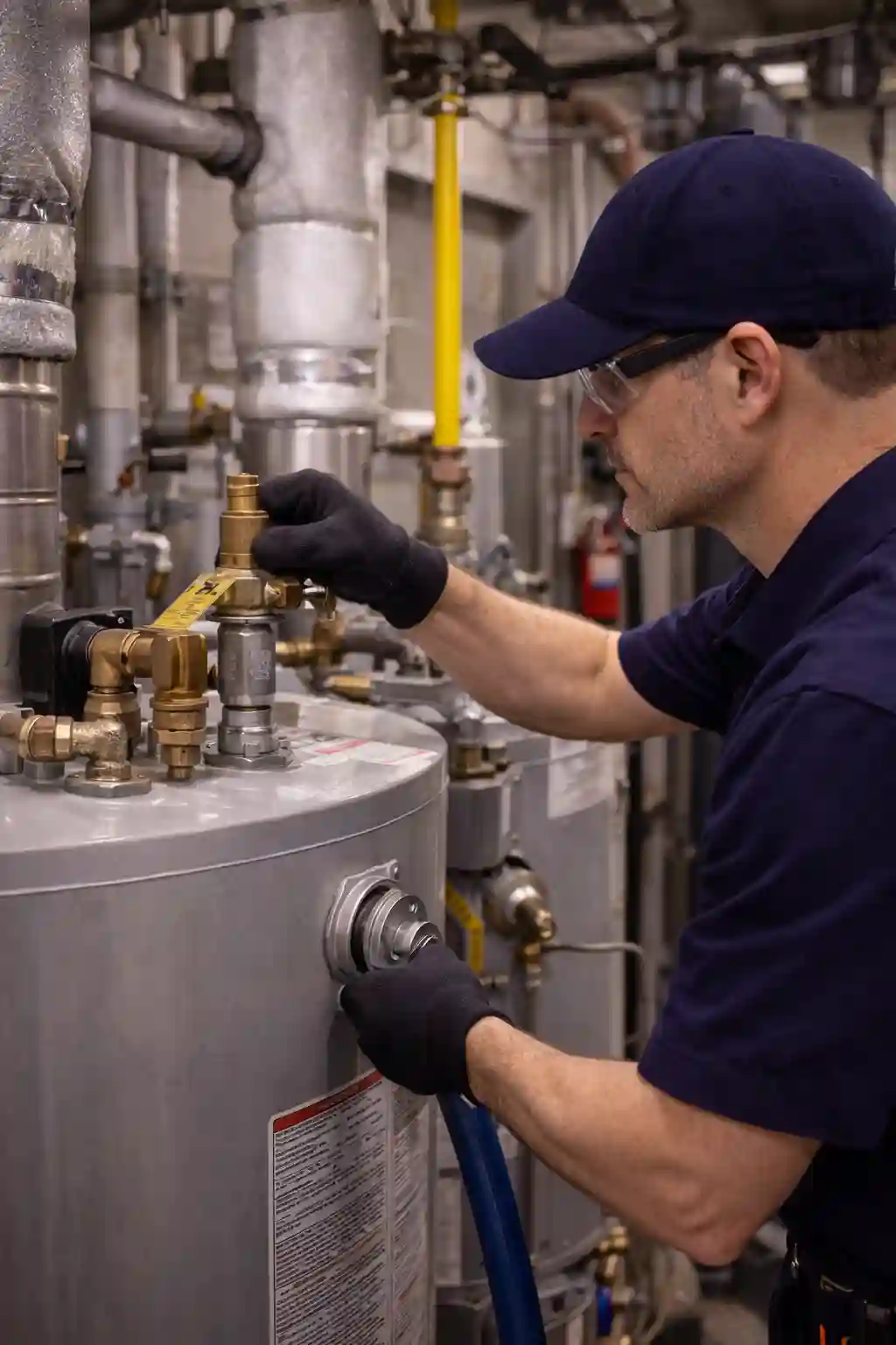 Commercial plumber inspecting a large water heater system