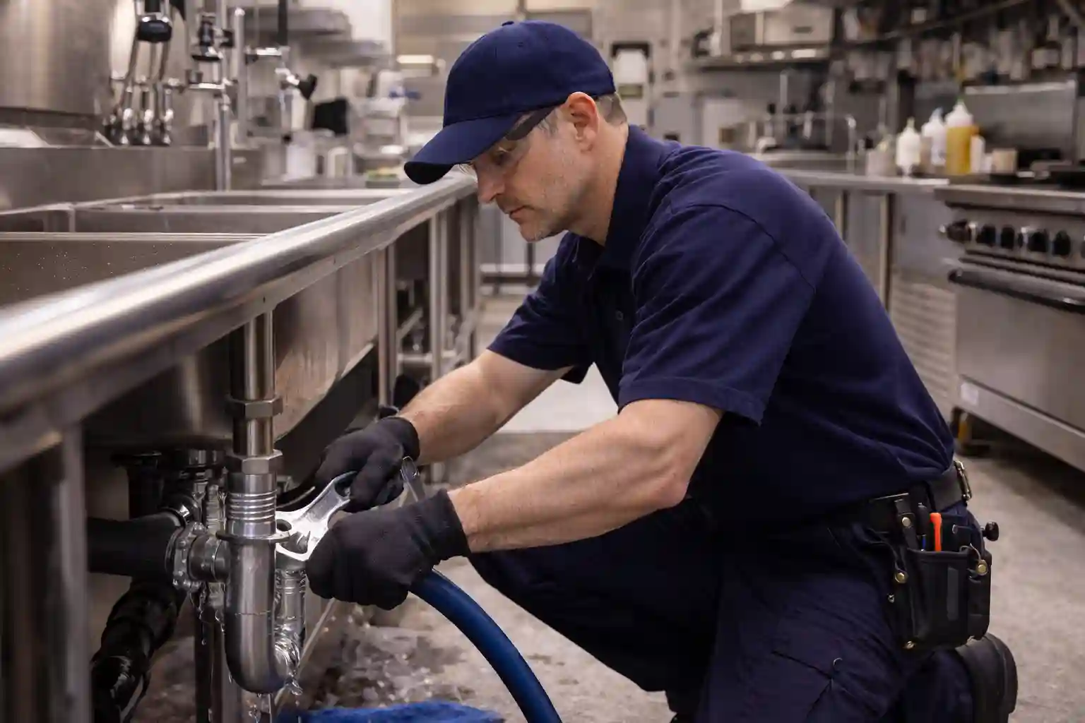 Commercial plumber repairing plumbing in a Sonoma restaurant kitchen