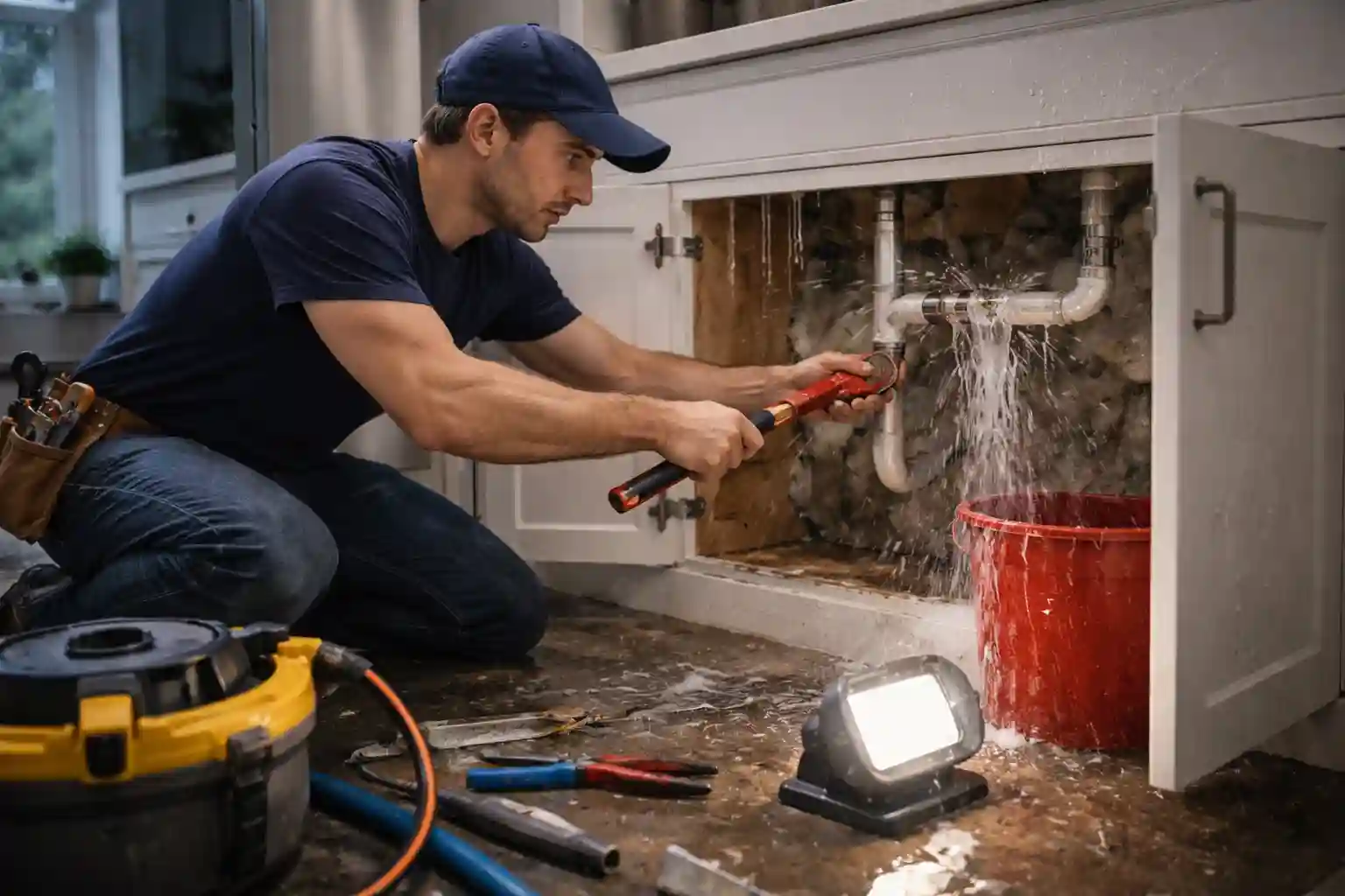 Sonoma Plumbing technician fixing a burst pipe in a home