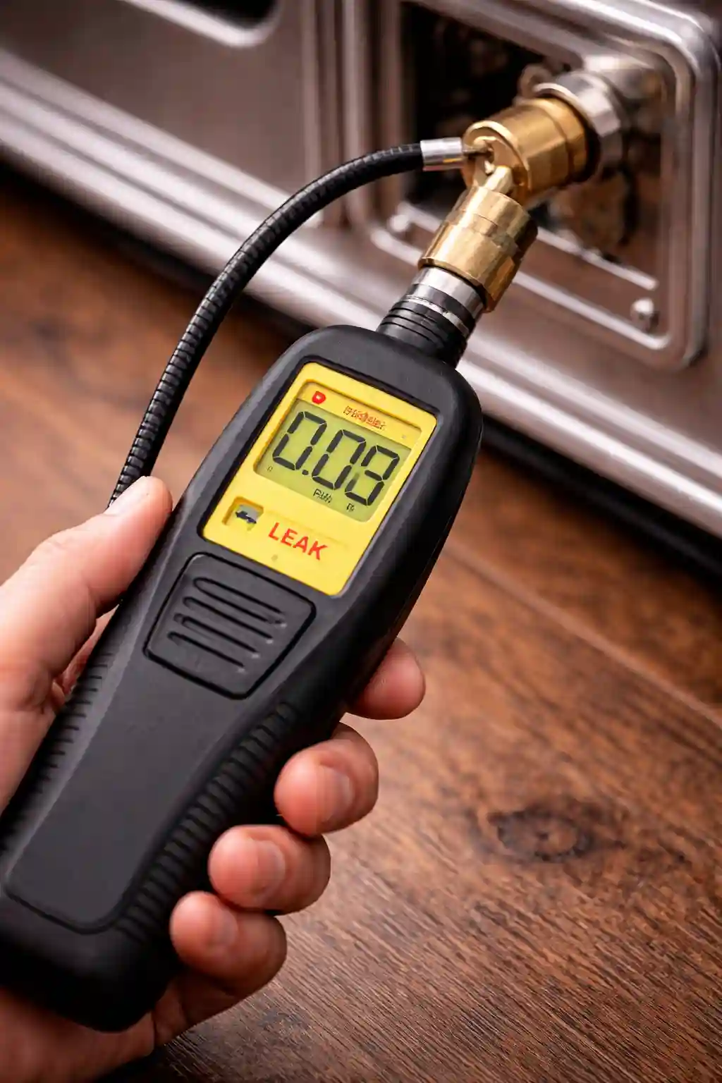 Gas leak detector checking a pipe connection