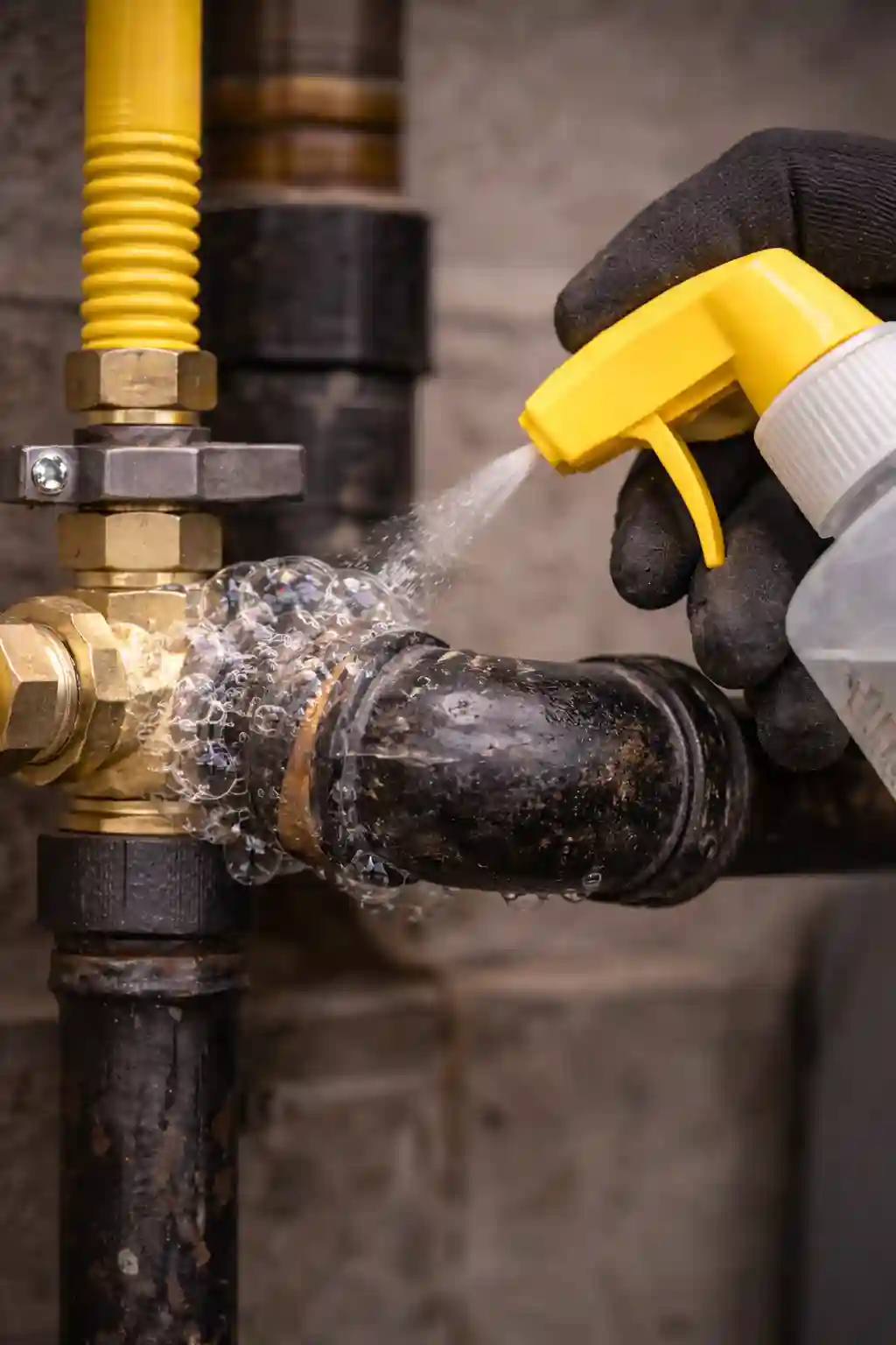 Gas pipe leak detection solution forming bubbles at a faulty joint