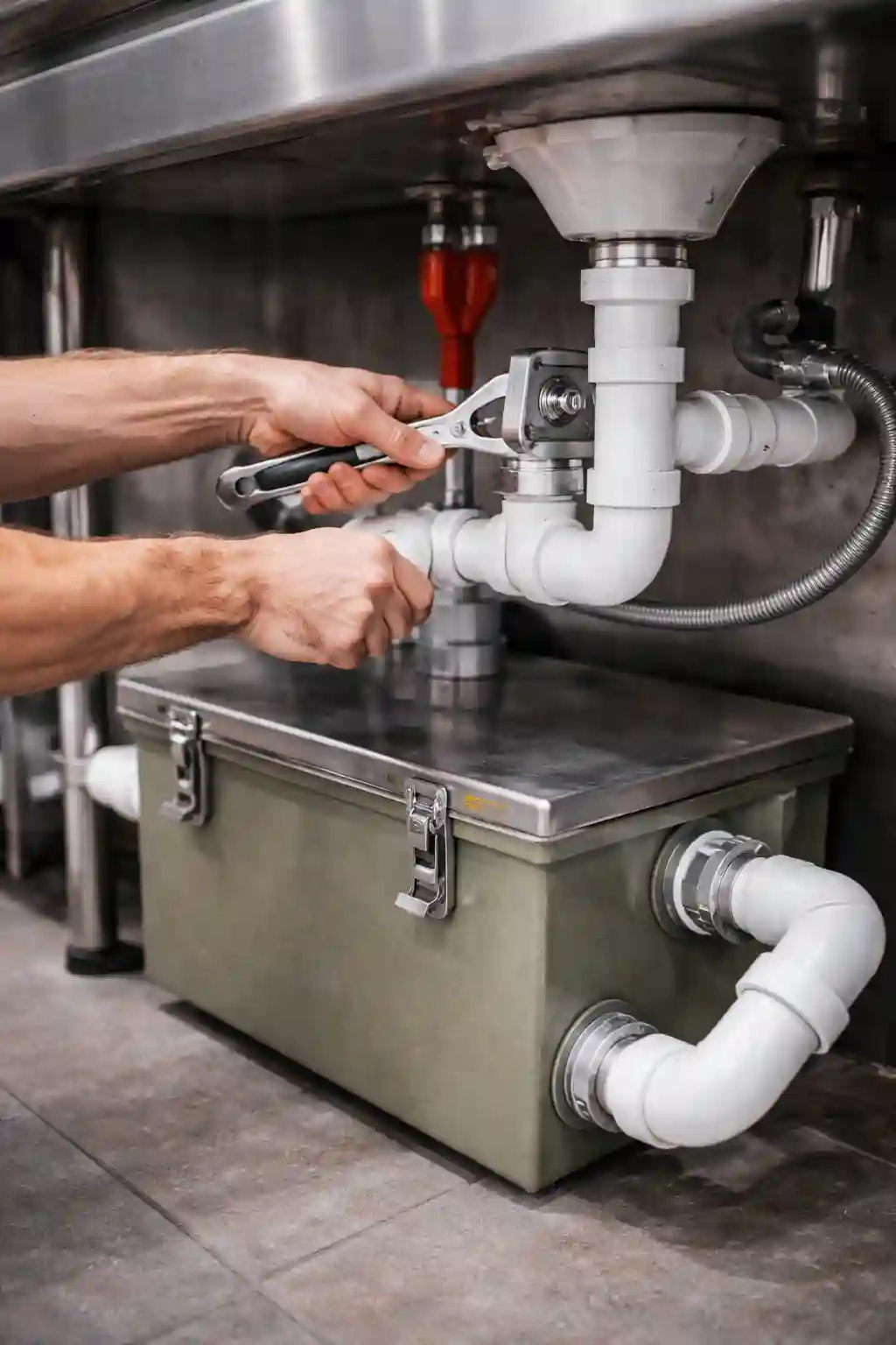 Grease trap plumbing repair in a restaurant