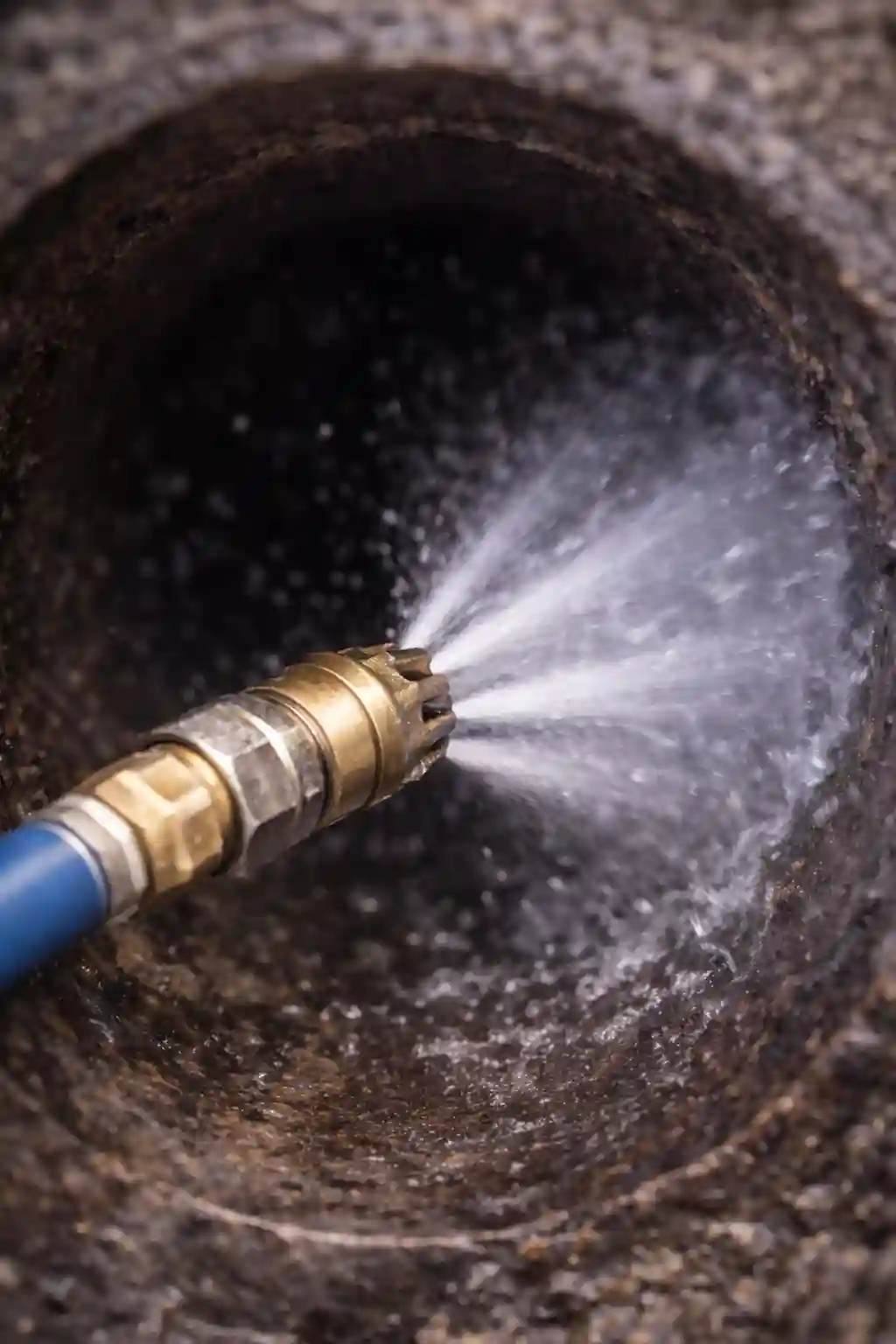 High pressure hydro jet nozzle clearing drain pipe