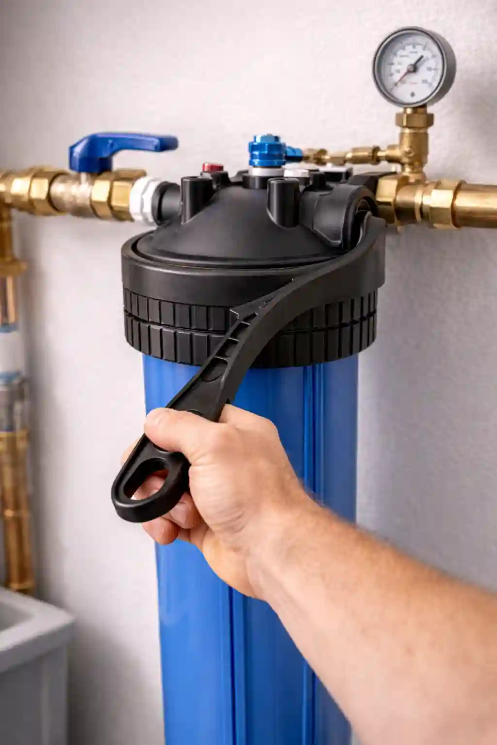 Technician installing a whole-house water filter housing