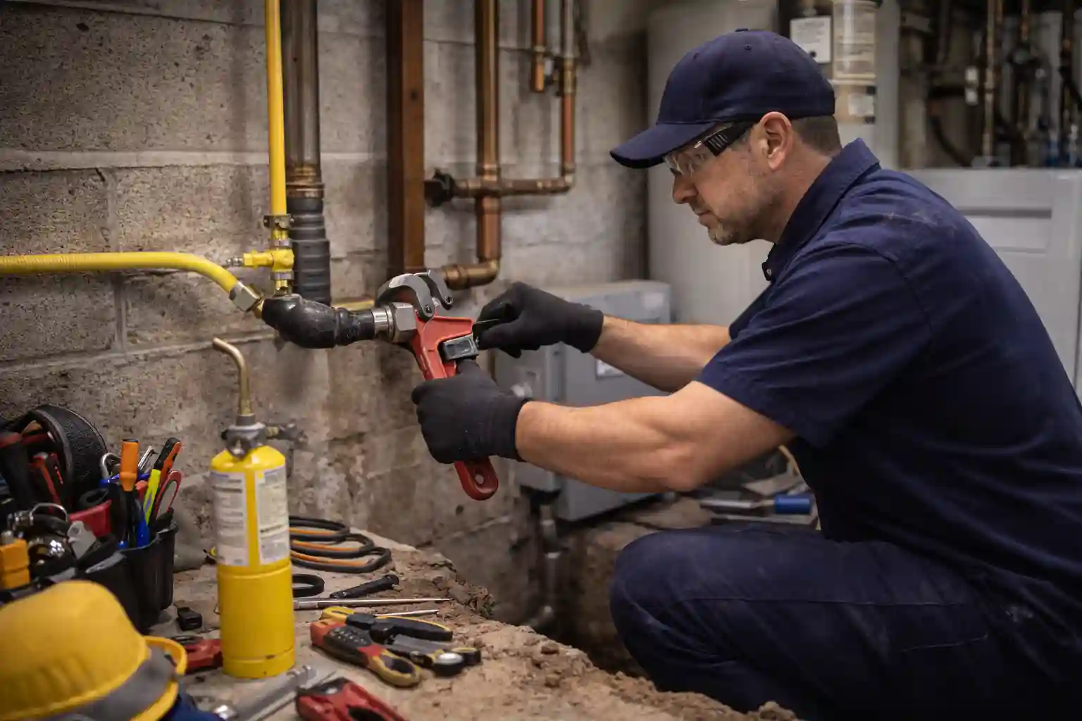 Licensed plumber repairing a residential gas line connection in Sonoma