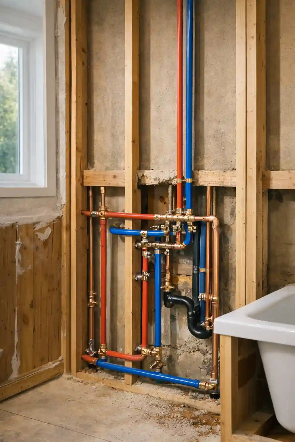 Newly installed bathroom plumbing system in a Sonoma home