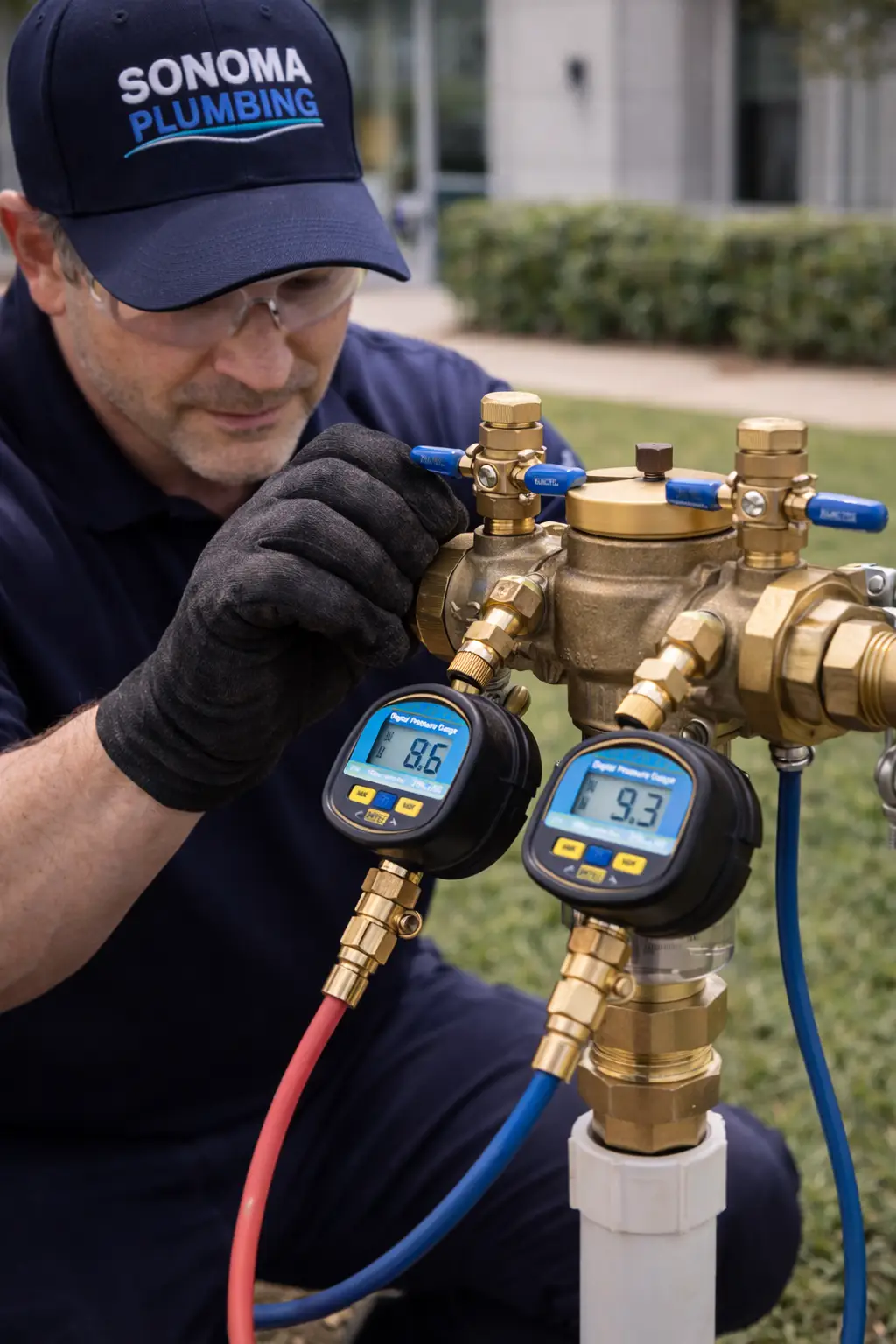 Plumber adjusting valves during a backflow test