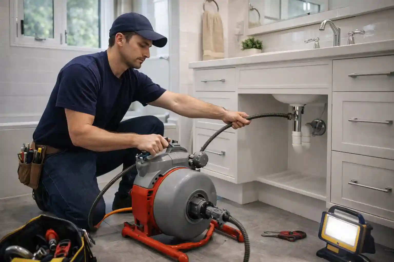 Plumber clearing a clogged drain in a Sonoma bathroom