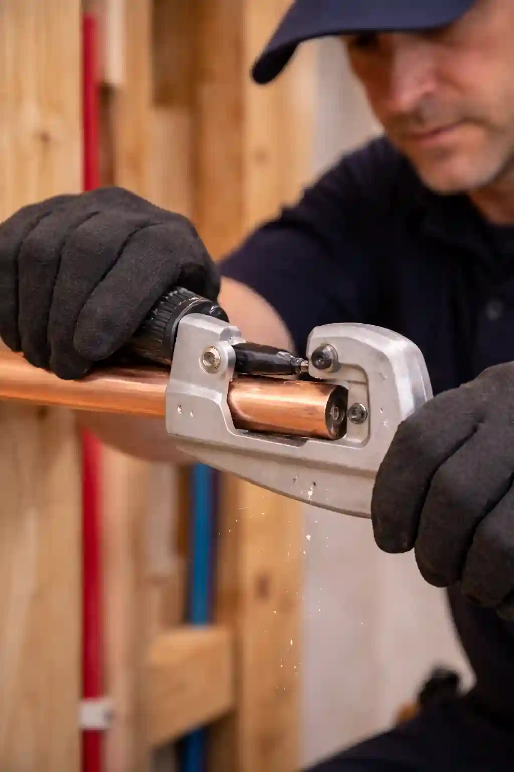 Plumber cutting copper pipe during a repiping service