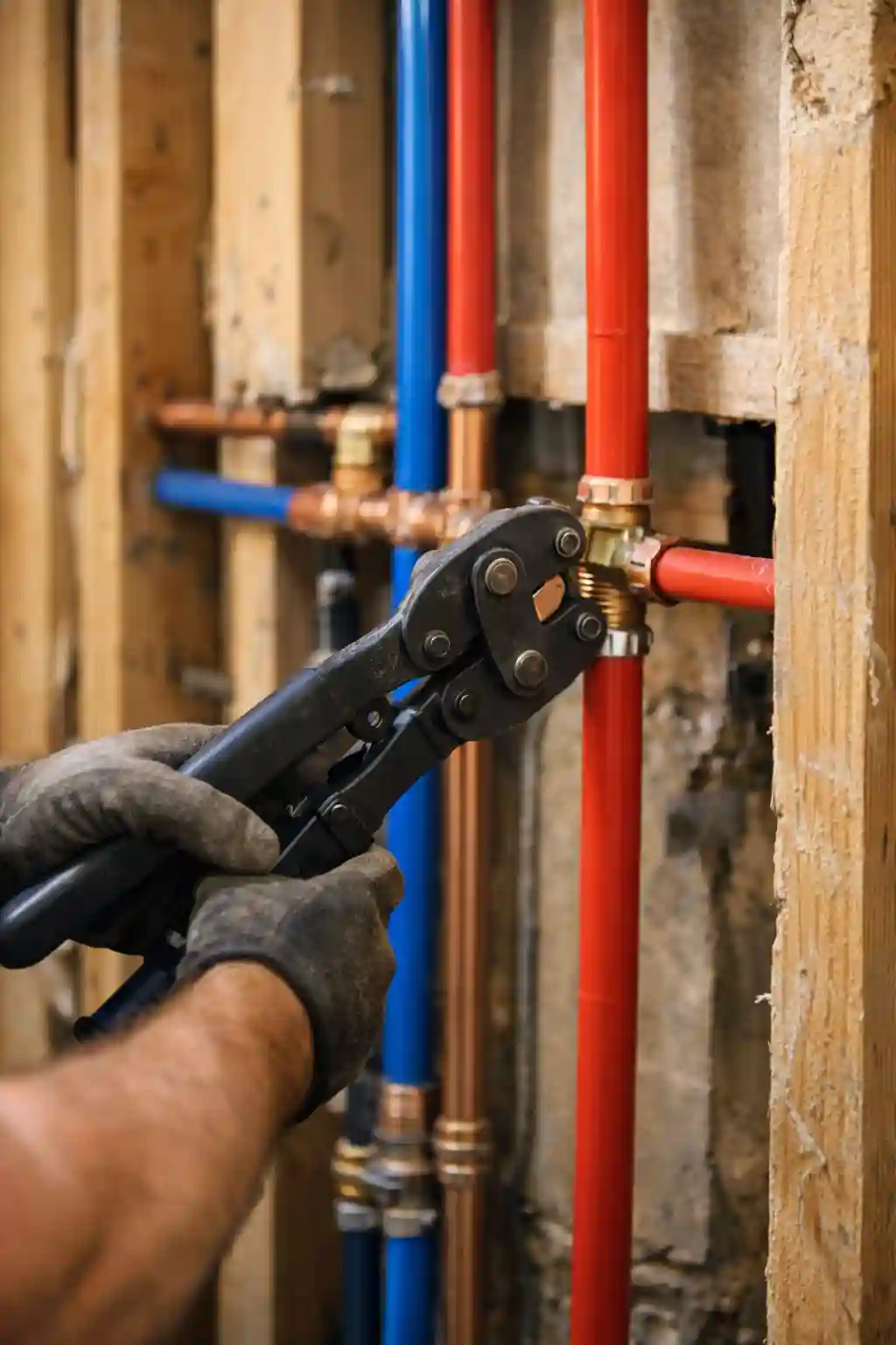Plumber installing PEX pipes during a bathroom repiping project in Sonoma