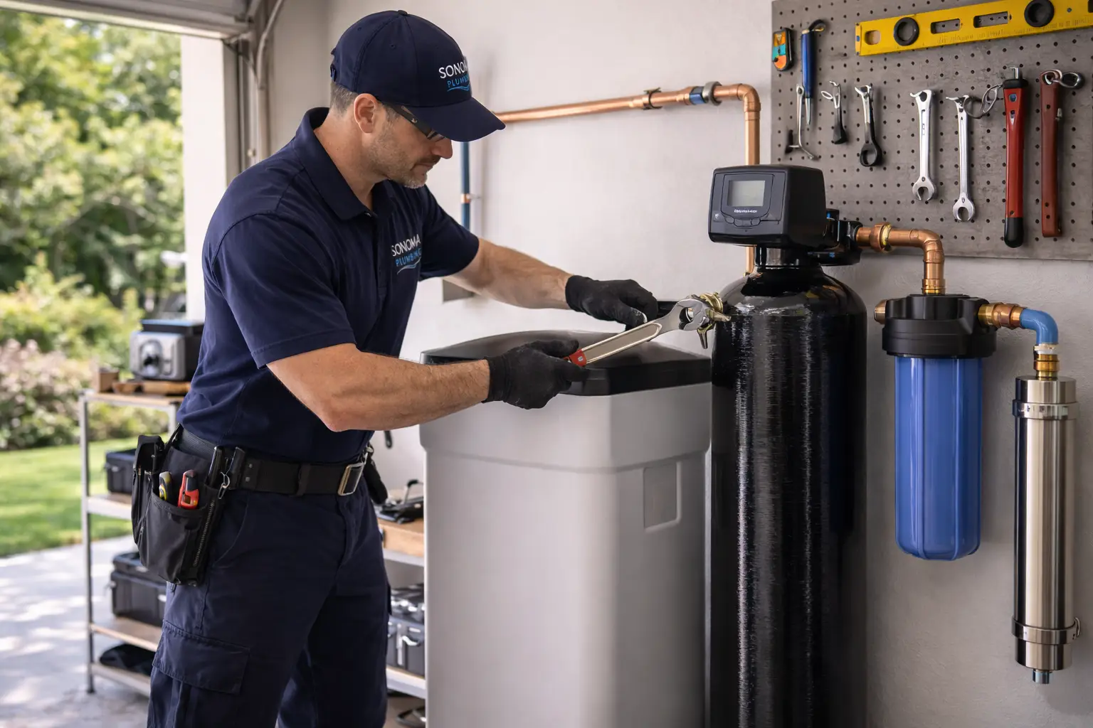 Plumber installing a residential water softener system in Sonoma