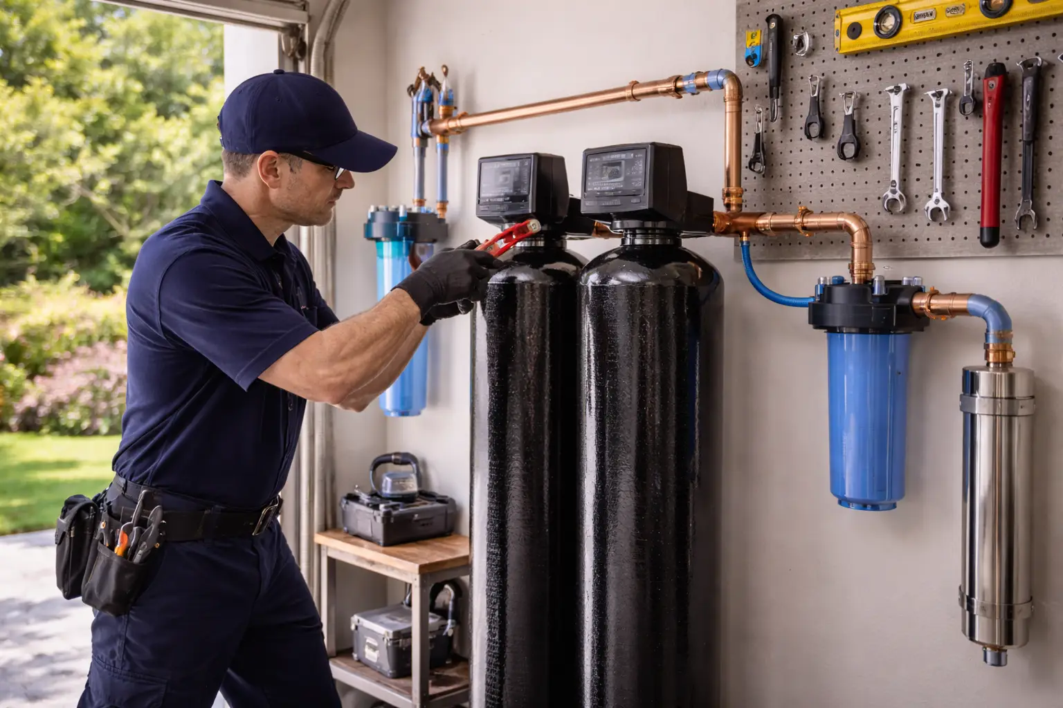 Plumber installing a whole-house water filtration system in a Sonoma home garage