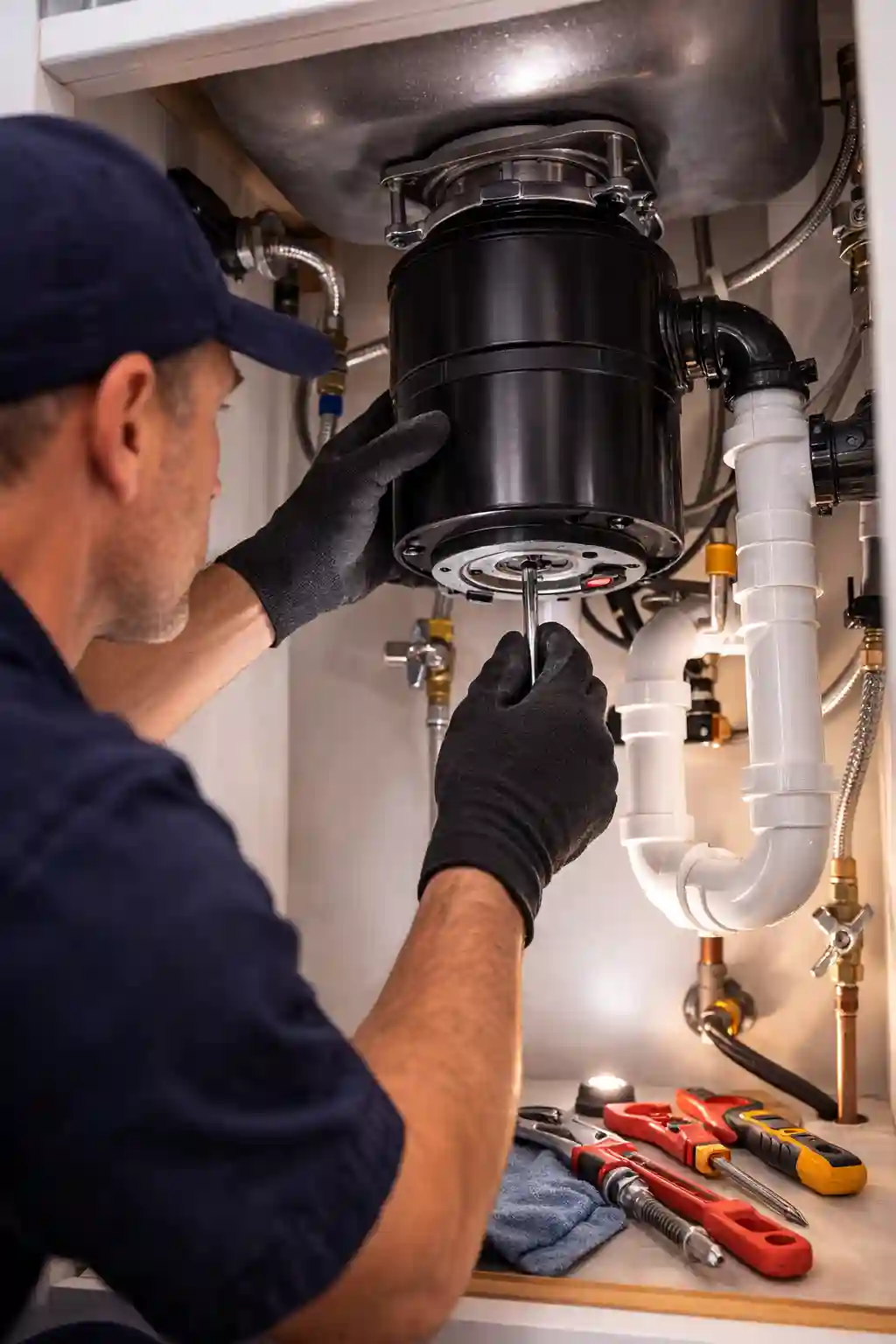 Plumber manually resetting a garbage disposal motor