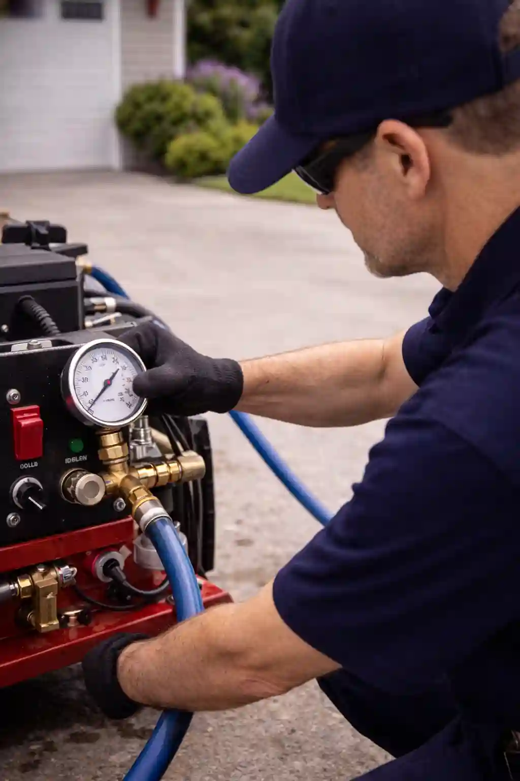 Plumber monitoring pressure gauge during hydro jetting service