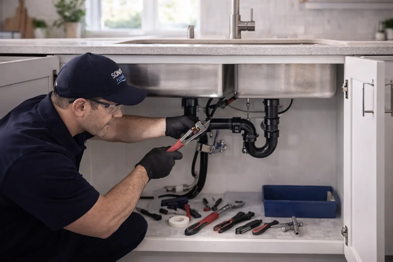 Plumber performing kitchen plumbing repair in a Sonoma home