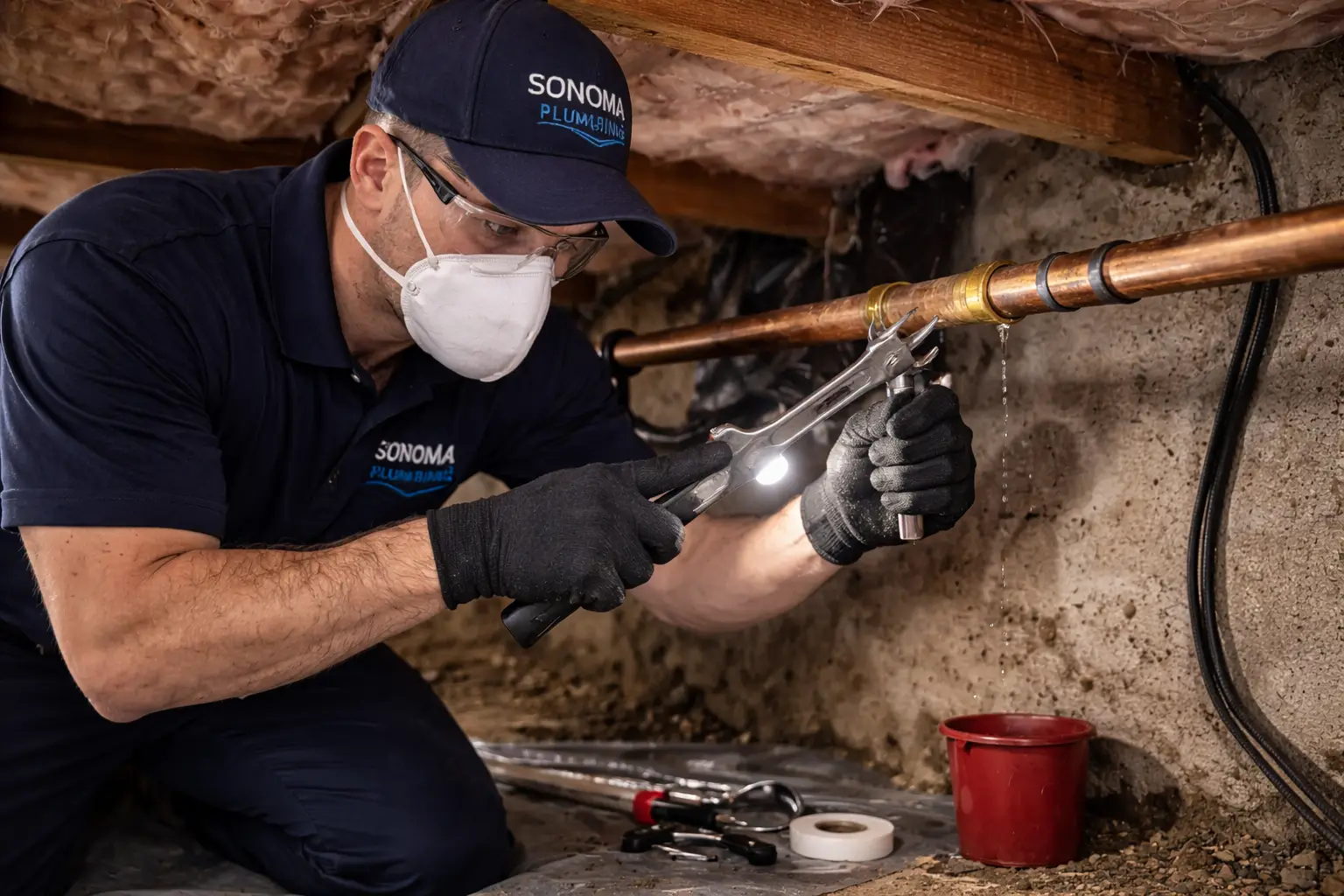 Plumber repairing an exposed pipe in a Sonoma home crawl space