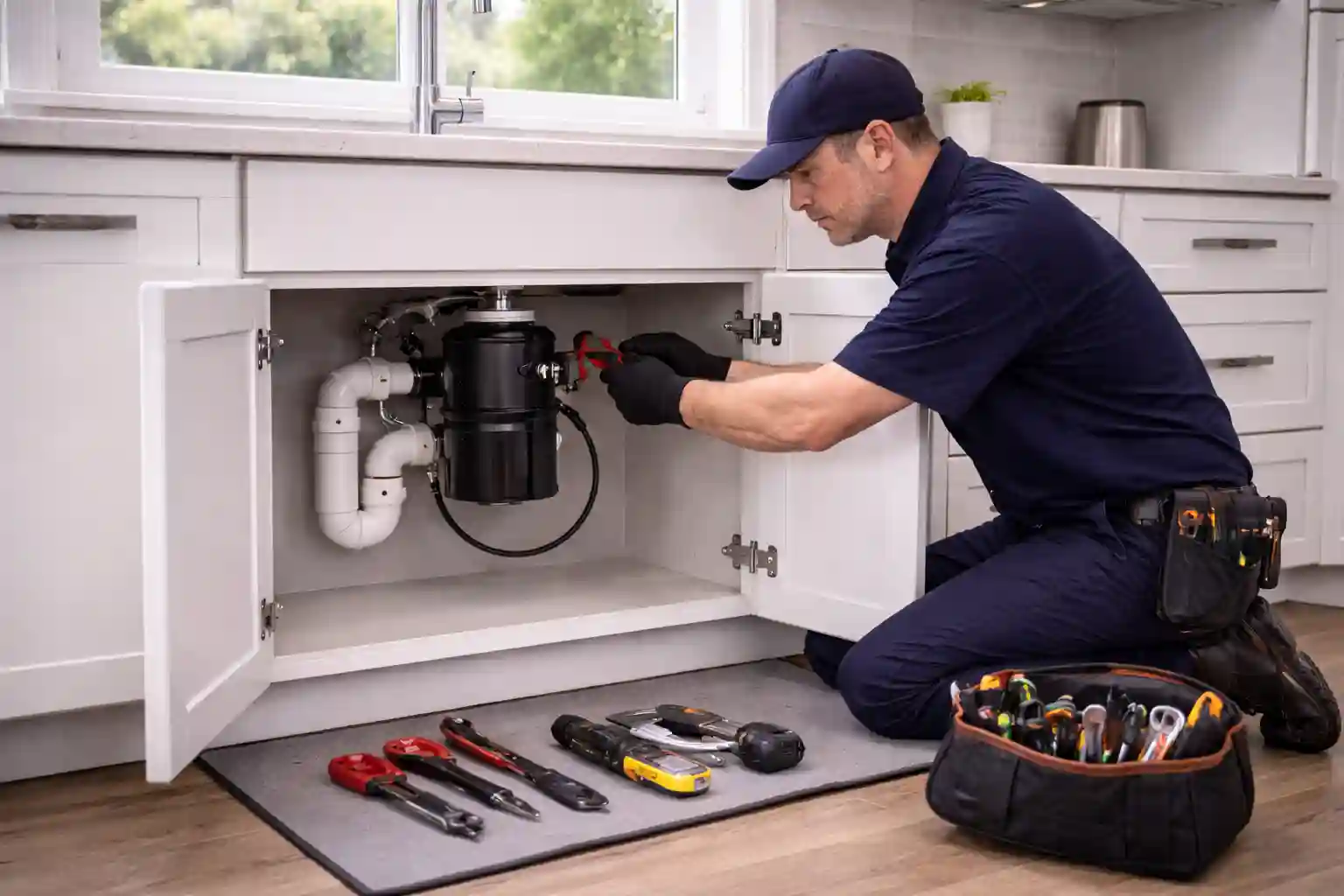Plumber repairing a garbage disposal under a kitchen sink in a Sonoma home