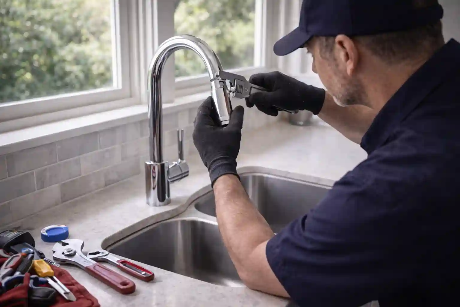Plumber repairing a modern chrome kitchen faucet in a Sonoma home
