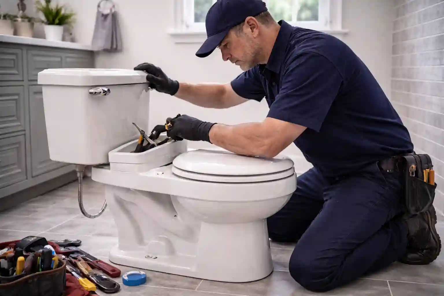 Plumber repairing a residential toilet in a Sonoma bathroom