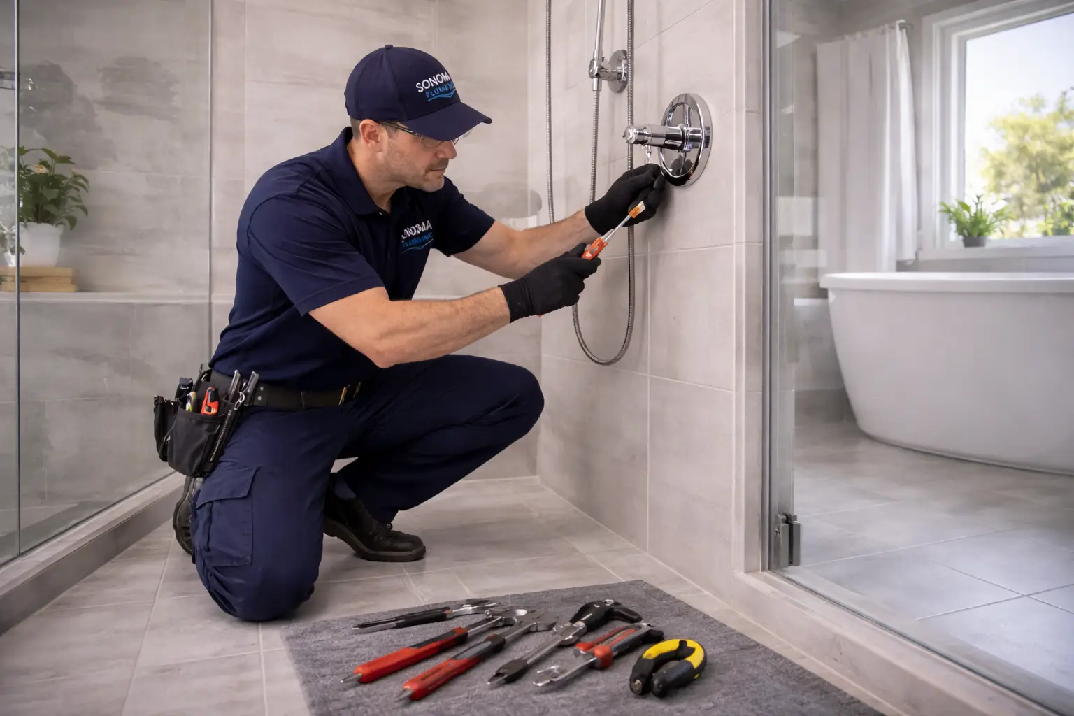 Plumber repairing a shower fixture in a Sonoma bathroom