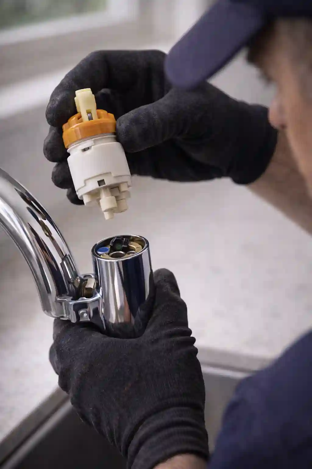 Plumber replacing the cartridge inside a kitchen faucet