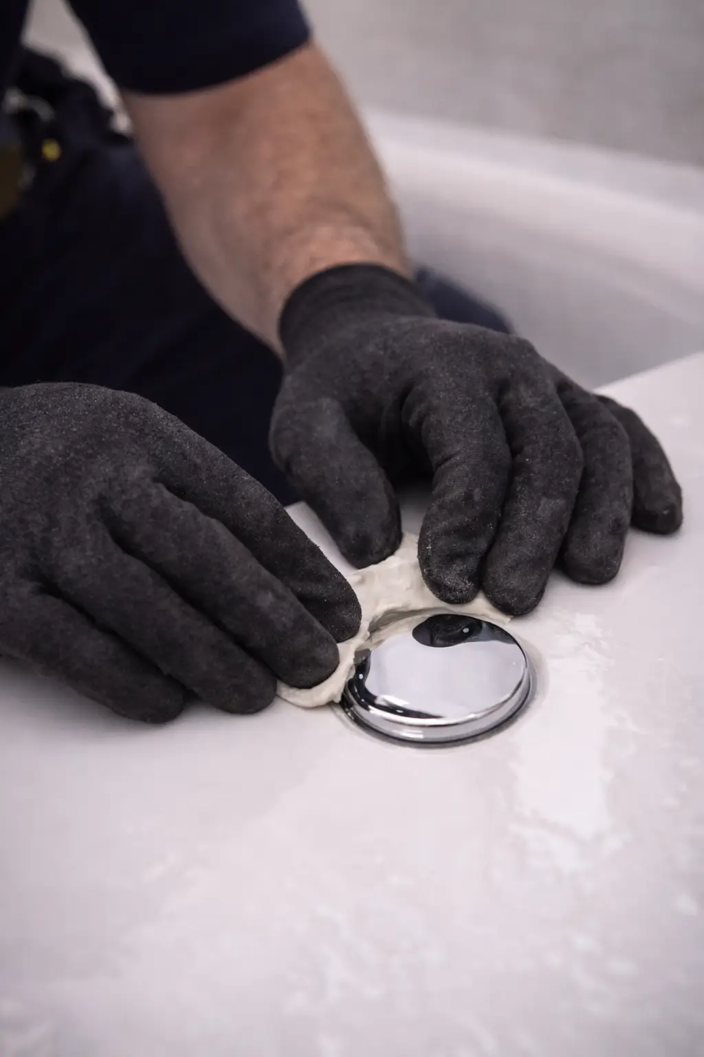 Plumber sealing bathtub drain connection during repair service