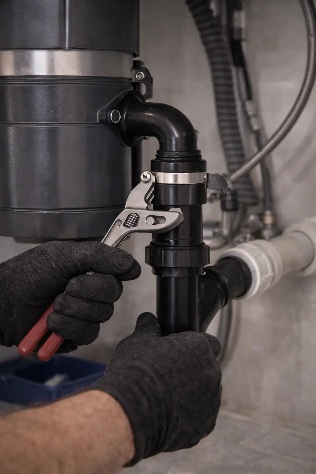 Plumber securing a garbage disposal drain connection