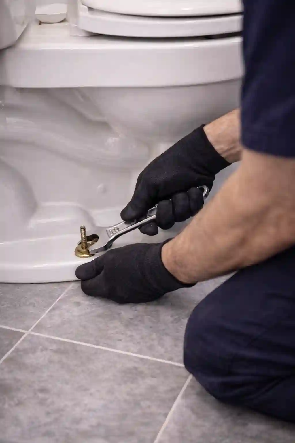 Plumber securing a toilet base during repair