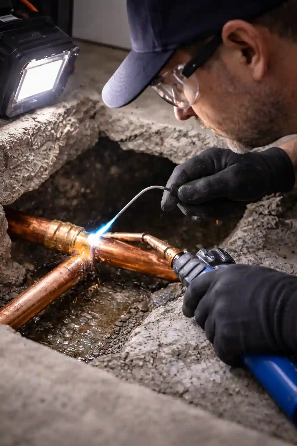Plumber soldering copper pipe during a slab leak repair