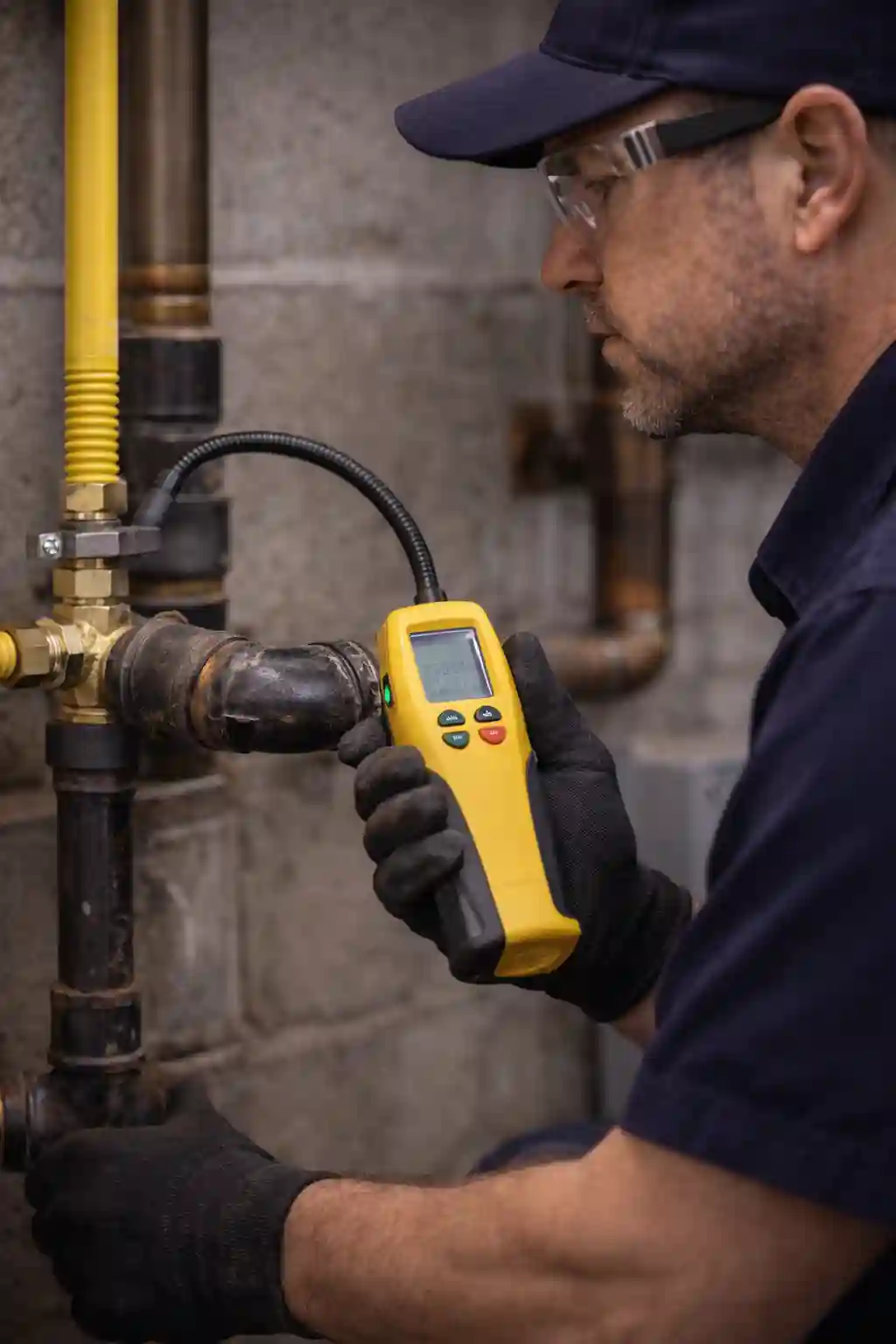 Plumber using a gas leak detector to test a pipe connection