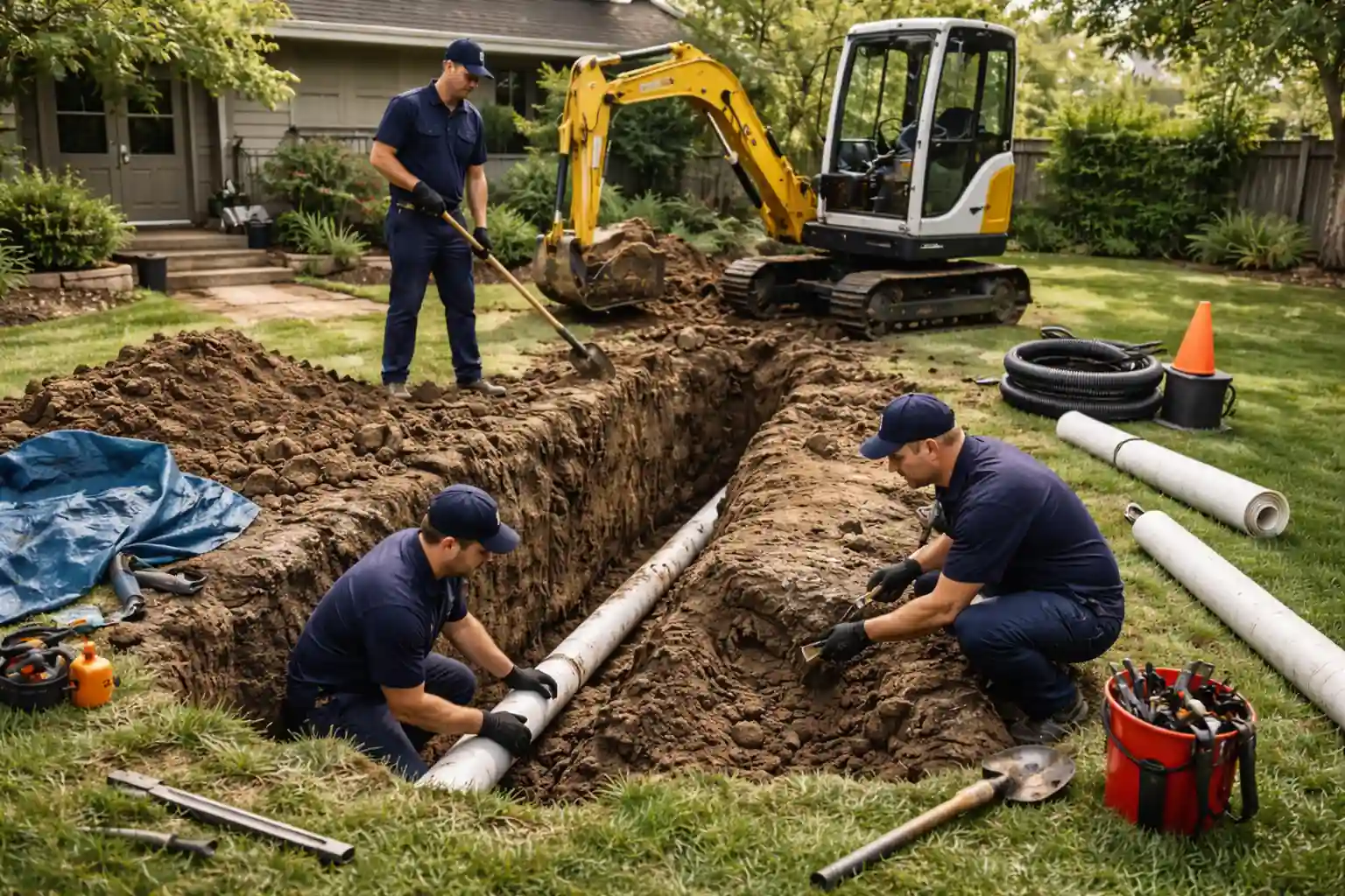 Plumbing crew excavating yard for sewer line repair in Sonoma